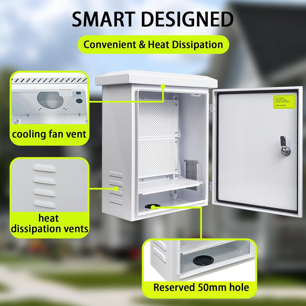 Metal Outdoor Enclosure with Rain Hood Electrical Box Weatherproof WiFi/Network Enclosure Breaker Box with Fan-Vent Design Cable Project Cabinet with Mounting Track Hole in Back 16X20X10