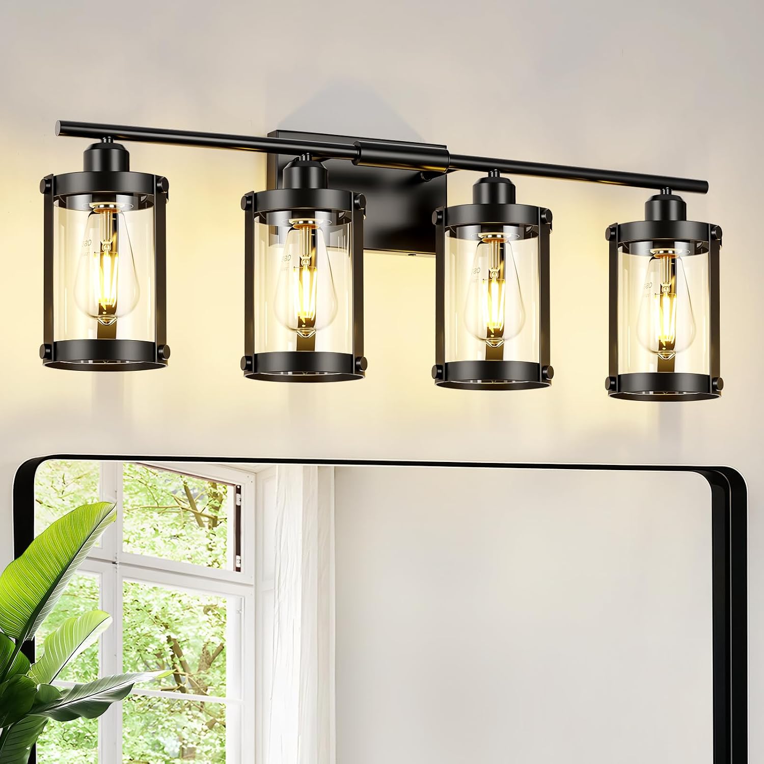 4-Light Black Bathroom Light Fixtures, 29 Inch Modern Bathroom Vanity Lighting Fixtures Over Mirror with Clear Glass and Metal Cage Wall Sconce Lights for Bath, E26, OS-3014BK-4W