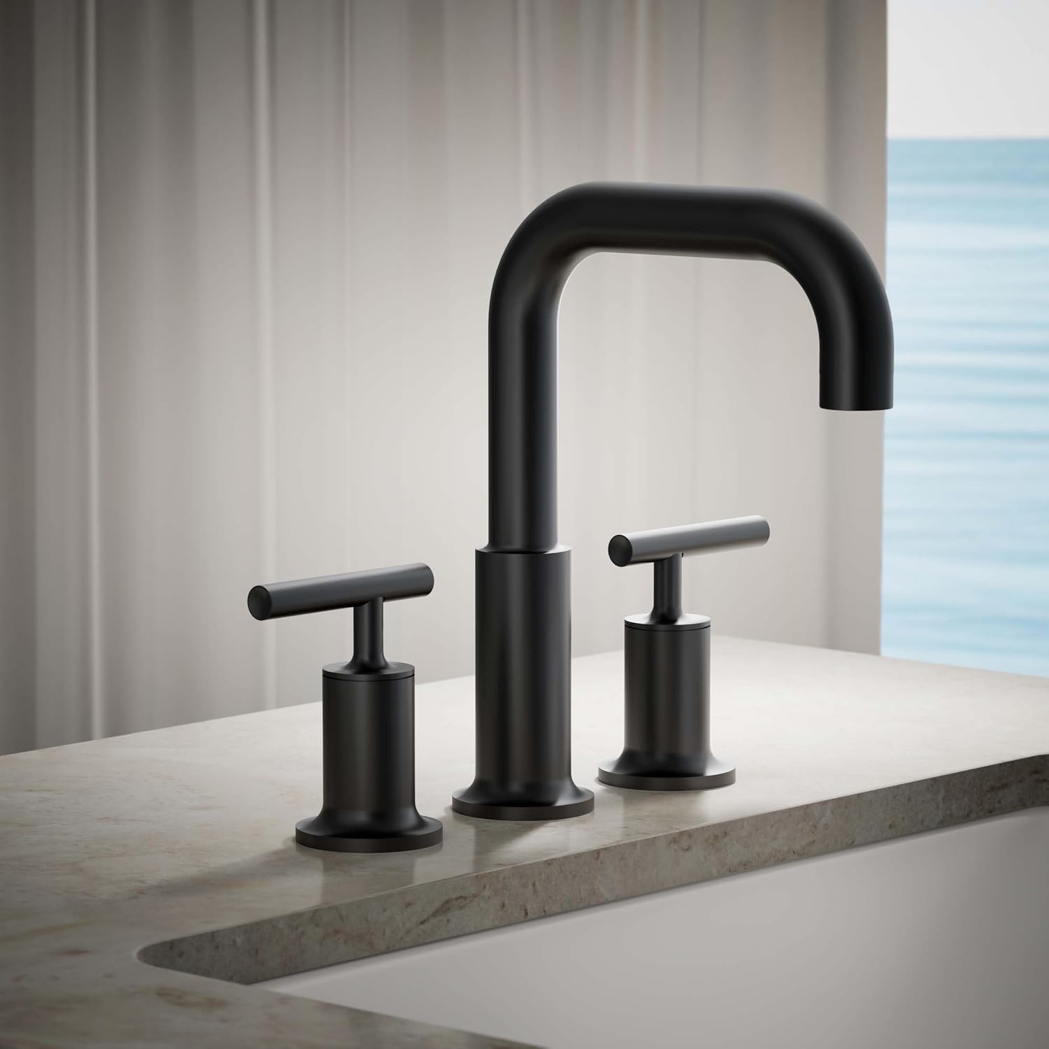 Kohler T14428-4-BL Purist Deck-Mount High-Flow Bath Faucet Trim with Lever Handles, Valve Not Included, Matte Black