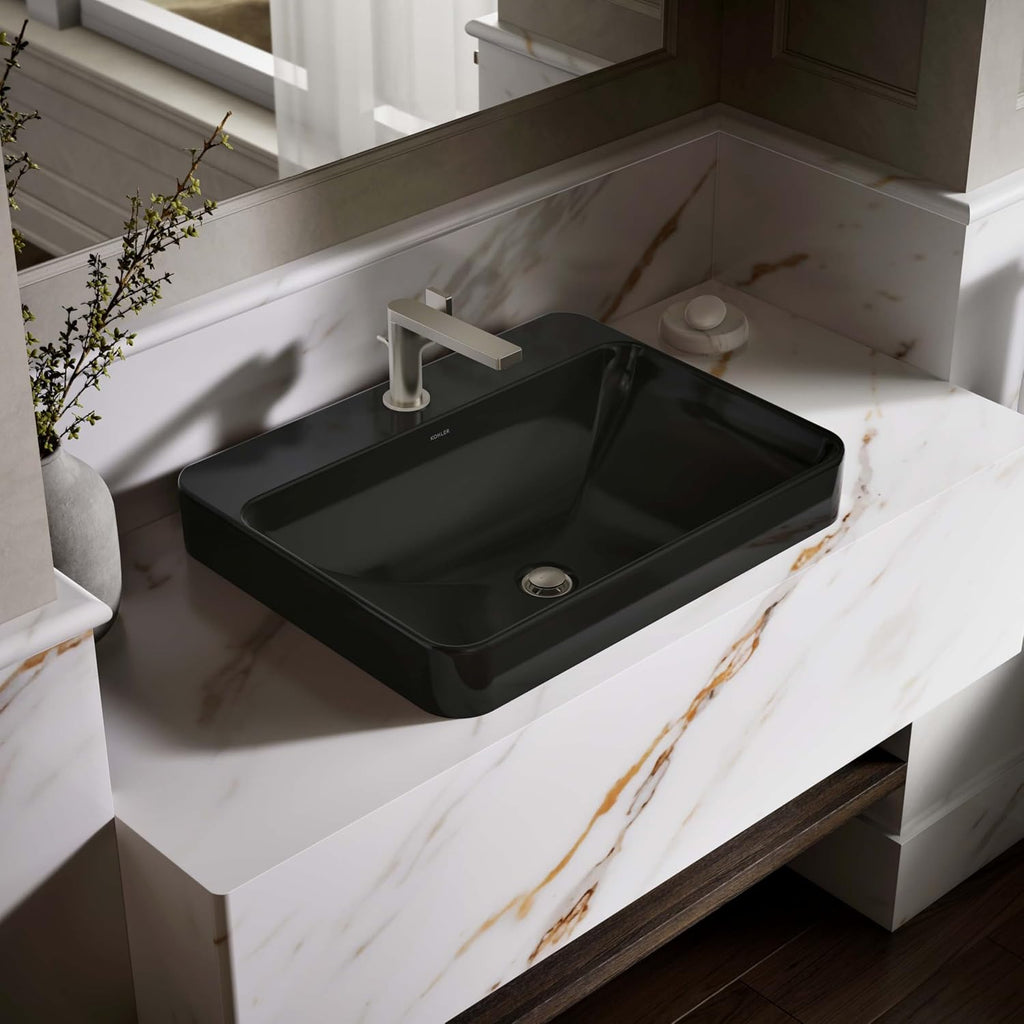 KOHLER K-2660-1-7 Vox Rectangle Vessel Above-Counter Bathroom Sink with Single Faucet Hole, Black Black
