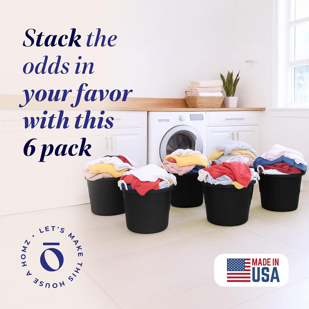 HOMZ 6-Pack Utility Tub, Large Plastic Storage Bucket with Rope Handles, 18 Gallon, Black - Portable Indoor and Outdoor Buckets for Kitchen, Laundry, Garden, Bathroom, and Garage Organization