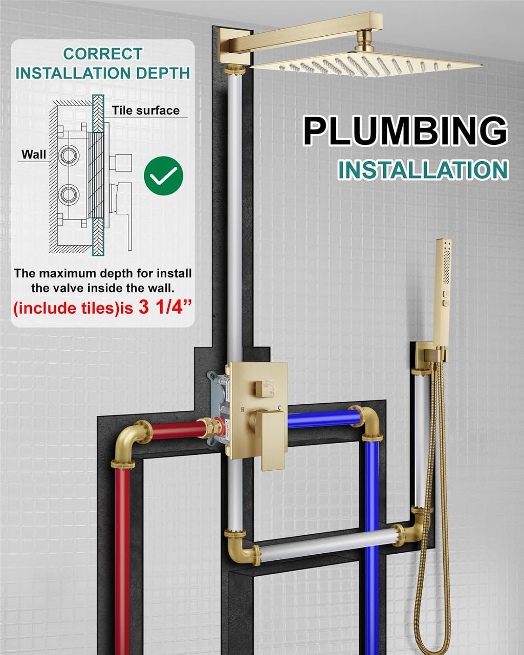 Shower Faucet Set Rainfall Shower System with Square Showerhead and Handle Set Fixture with 2 in 1 Function Handheld Sprayer Wall Mounted Trim Repair Kit Rough-in Valve 10 Inch Brushed Gold