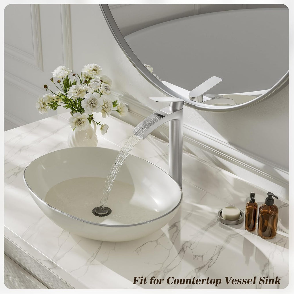 Phiestina Brushed Nickel Tall Bathroom Vessel Sink Faucet 2 Pack, Single Hole Single Handle Waterfall Above Countertop Sink Bathroom Faucet, with Pop Up Drain and Water Supply Line, NS-SF01-V-BN-2pack
