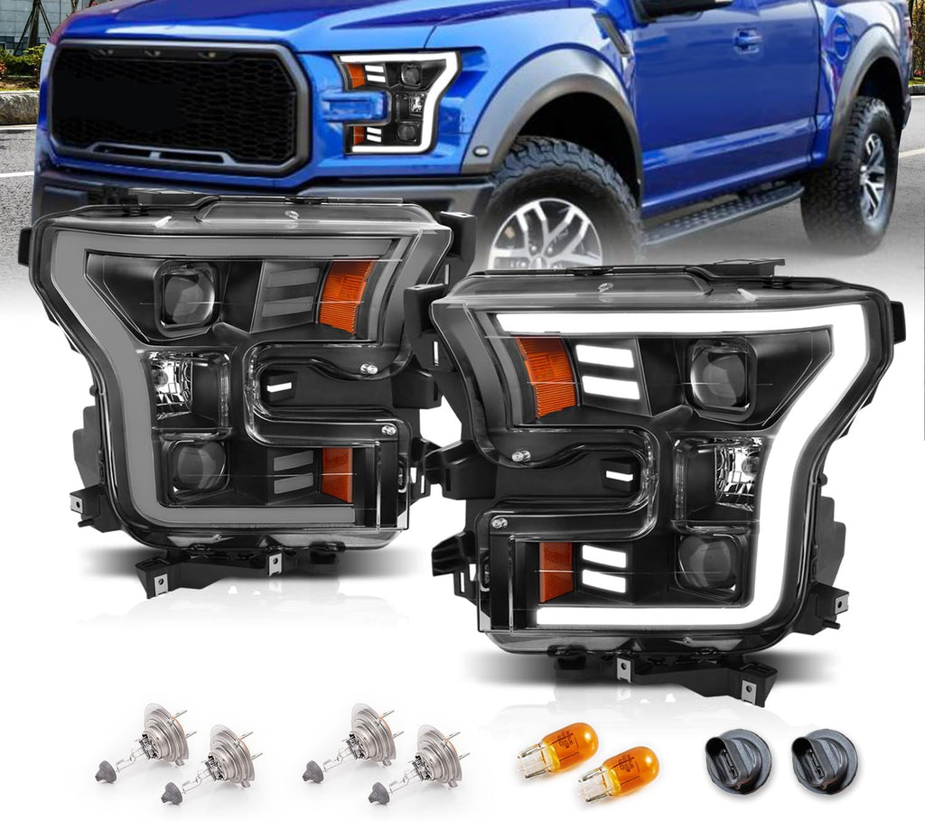 AmeriLite For 2015-2017 Ford F150 Pickup [Halogen Type] Black LED Tube Parking Light Bar Dual Square Projector Headlights Set - Driver and Passenger Side