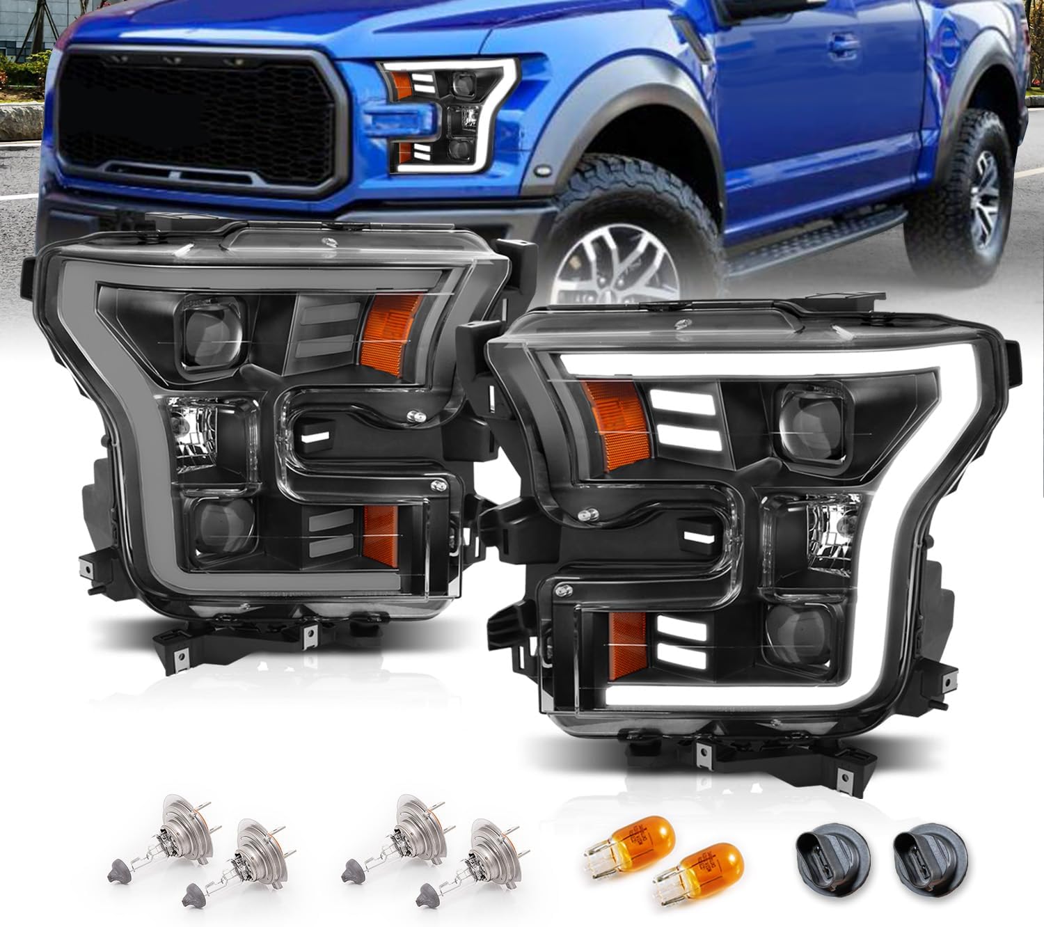 AmeriLite For 2015-2017 Ford F150 Pickup [Halogen Type] Black LED Tube Parking Light Bar Dual Square Projector Headlights Set - Driver and Passenger Side