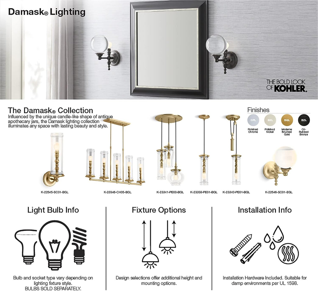 KOHLER Lighting 22546-SC01-CPL Damask 11' Tall 1 Light Water Globe Wall Sconce Polished Nickel