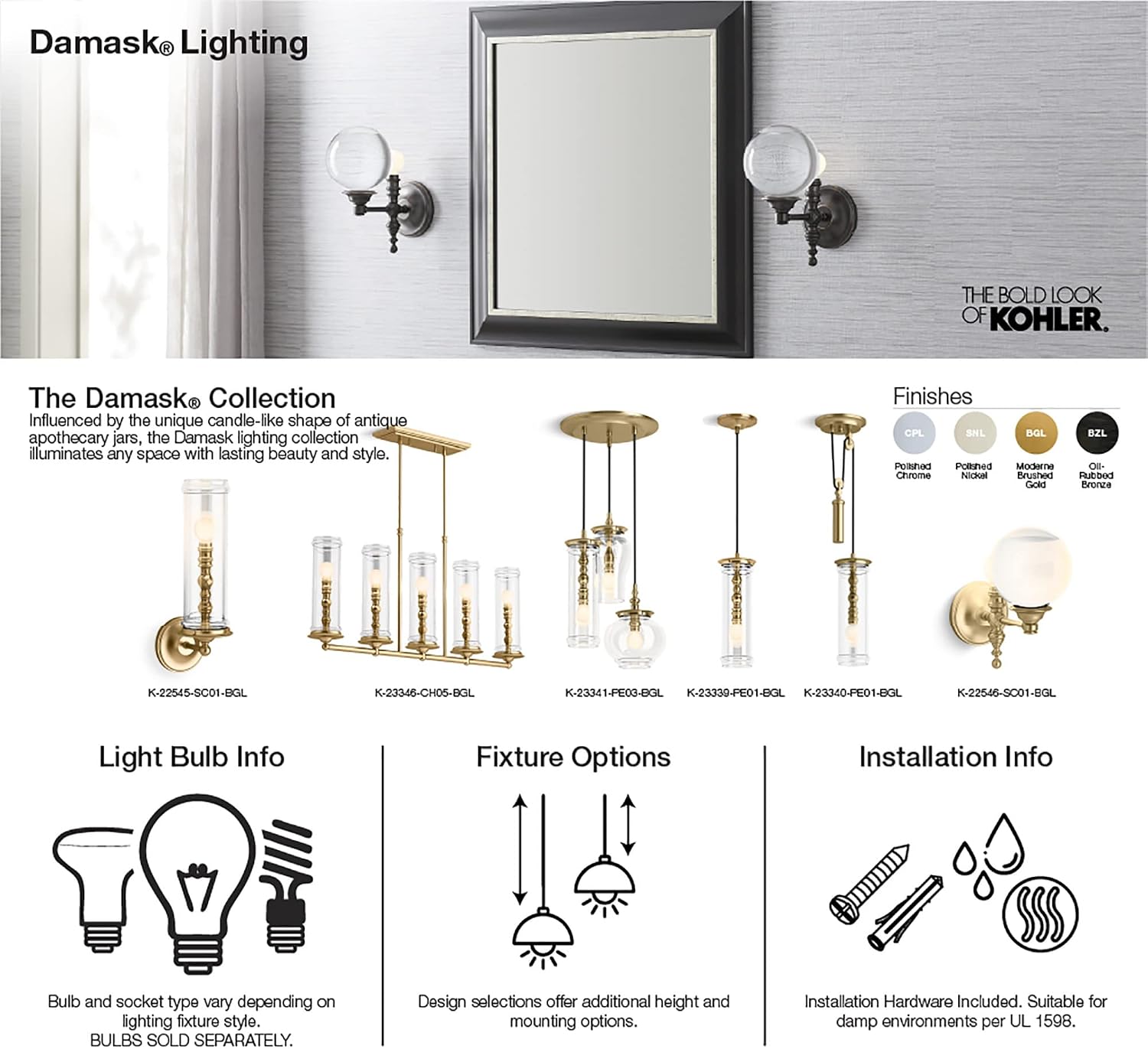 KOHLER Lighting 22546-SC01-CPL Damask 11' Tall 1 Light Water Globe Wall Sconce Polished Nickel