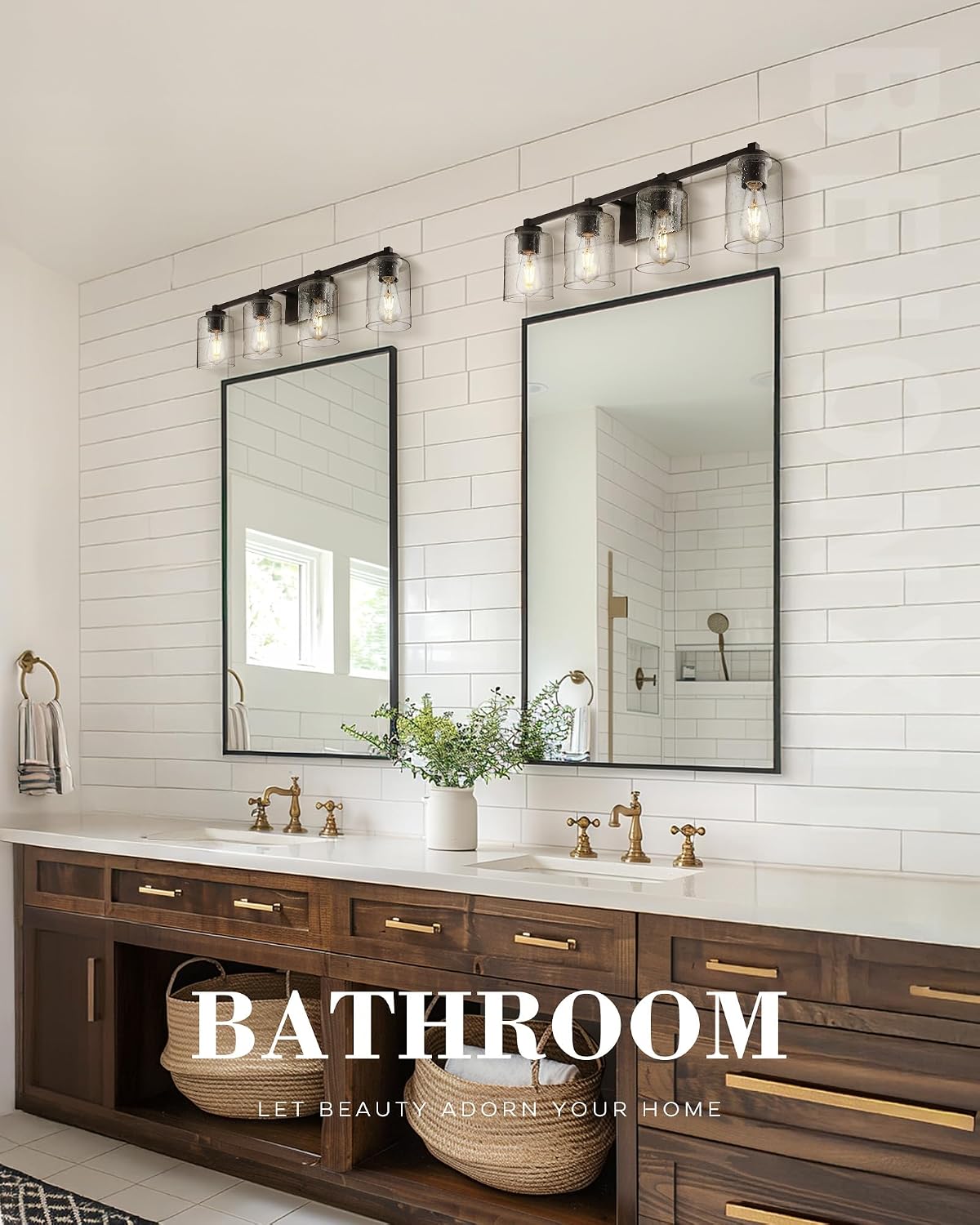 Beionxii Bathroom Vanity Lights, 4-Light Vintage Wall Sconce Light Fixtures, Oil Rubbed Bronze Finish with Clear Seeded Glass - MB9002 Series