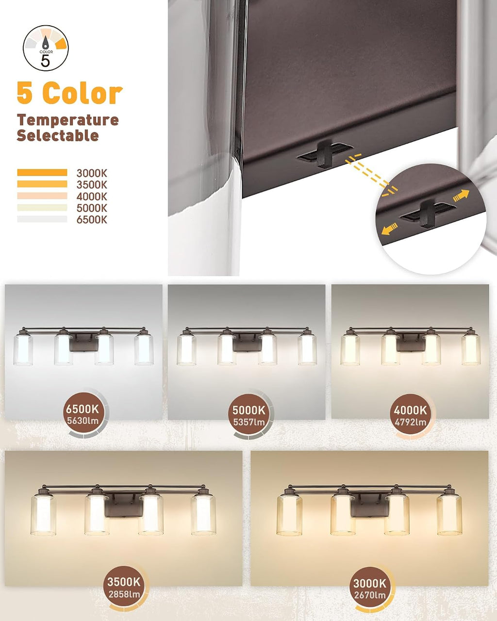 Bathroom Light Fixtures 4 Lights, HWH Oil Rubbed Bronze Bathroom Vanity Light Over Mirror with Clear Glass, 5CCT Dimmable 24W LED Vanity Lights, 5HLT63B-4W-LED ORB