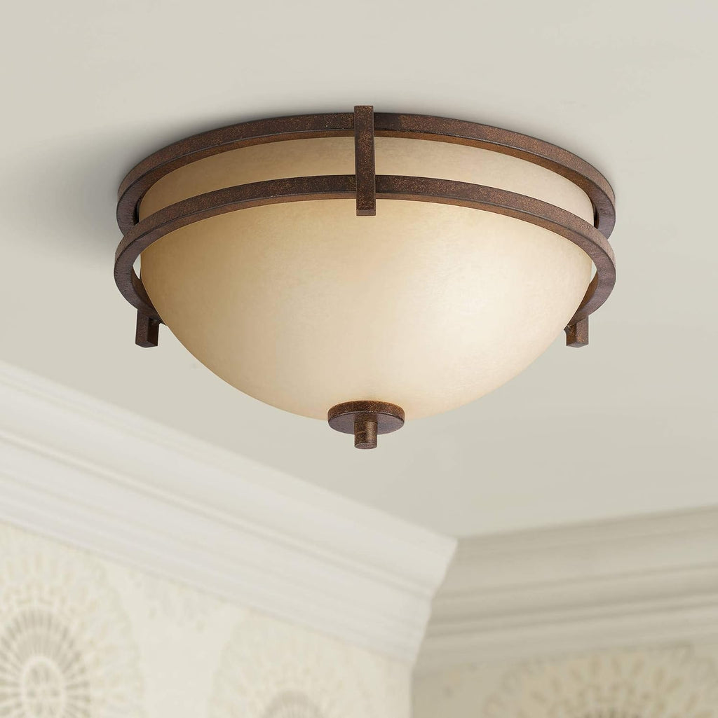 Franklin Iron Works Oak Valley Collection Mission Ceiling Light Flush Mount Fixture Rustic Bronze 15' Wide Cream Scavo Glass Bowl for Cottage Core Bedroom Kitchen Living Room Hallway Bathroom
