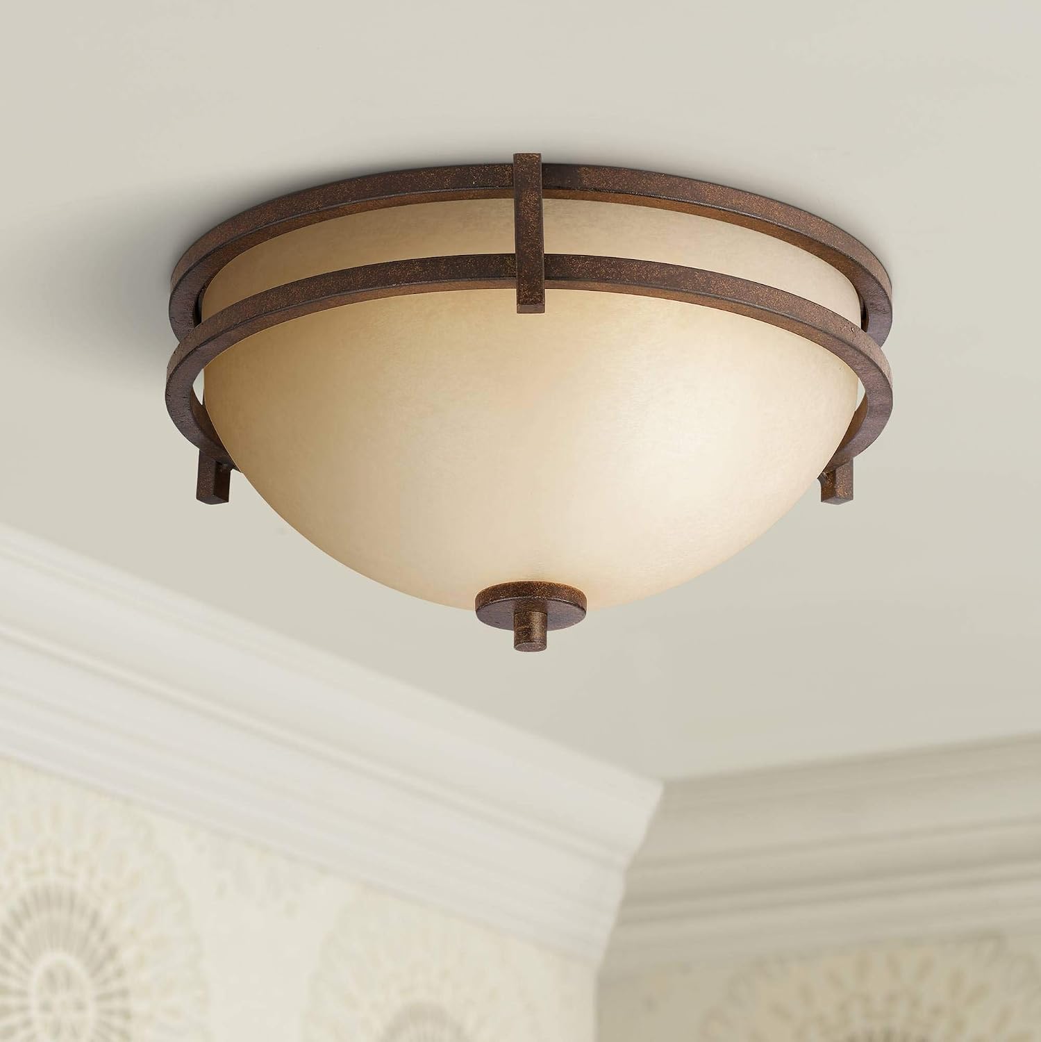 Franklin Iron Works Oak Valley Collection Mission Ceiling Light Flush Mount Fixture Rustic Bronze 15' Wide Cream Scavo Glass Bowl for Cottage Core Bedroom Kitchen Living Room Hallway Bathroom