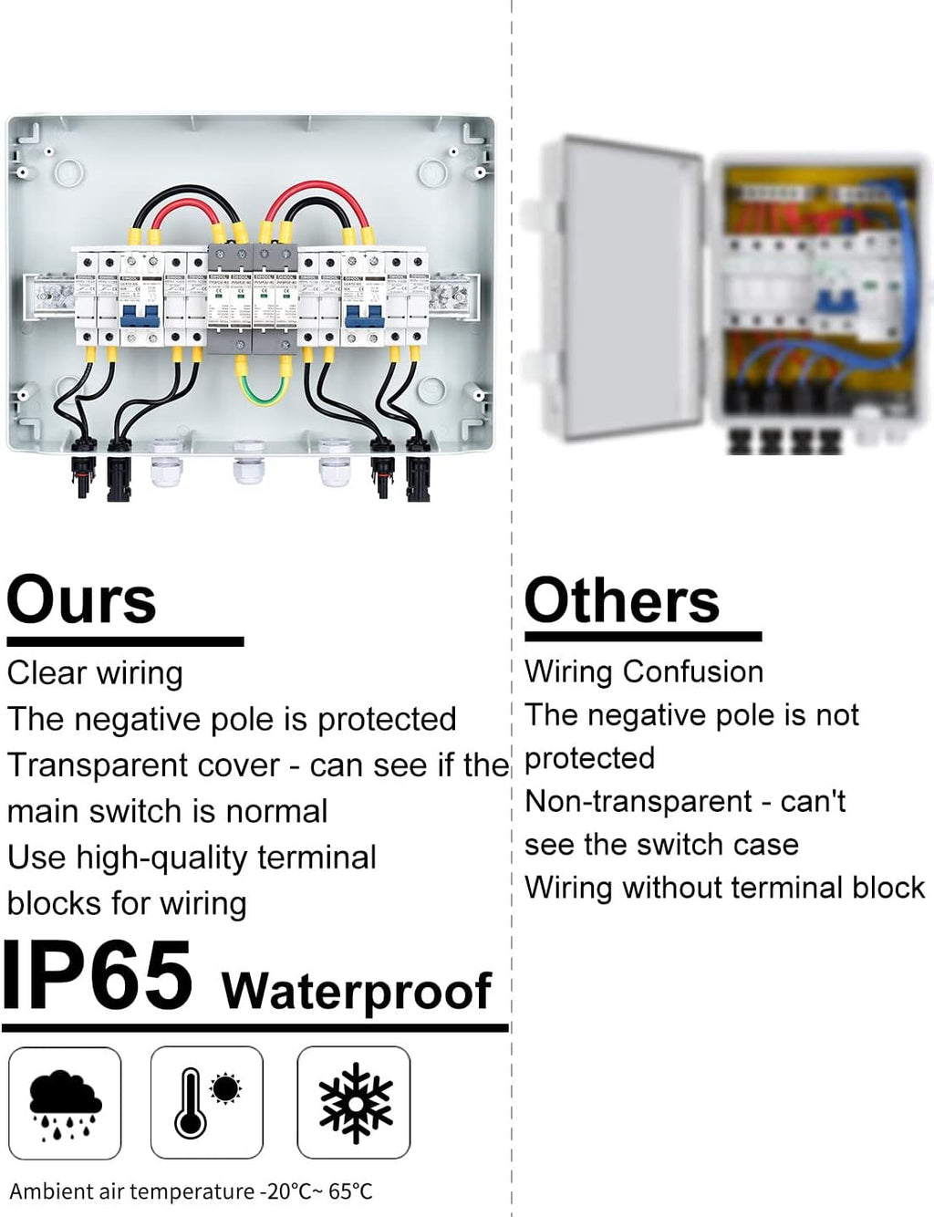 DIHOOL PV Solar Combiner Box with Lightning Surge Protector Arrester, 4 String 4 in 2 Out, 25A 500V DC Breaker Fuse Inline Box for 4 Arrays and 2 Inverters