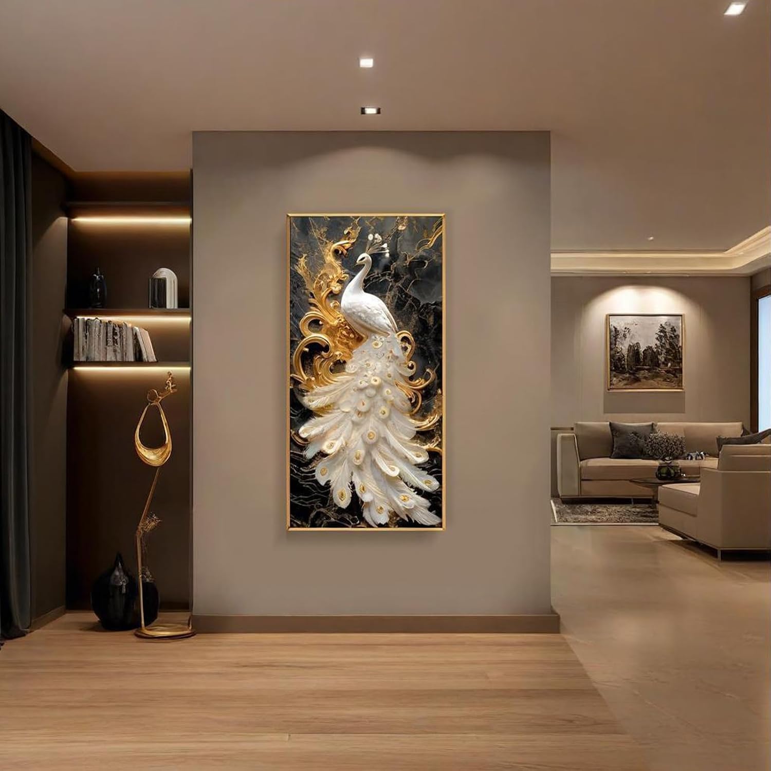 JHDXL Fuse Box Cover, Modern Meter Box Decorative Painting, Peacock Wall Fresco with Metal Picture Frame, for Living Room, Entrance Hall, Corridor(Gold1,45 * 90cm/17.7 * 35.4in)