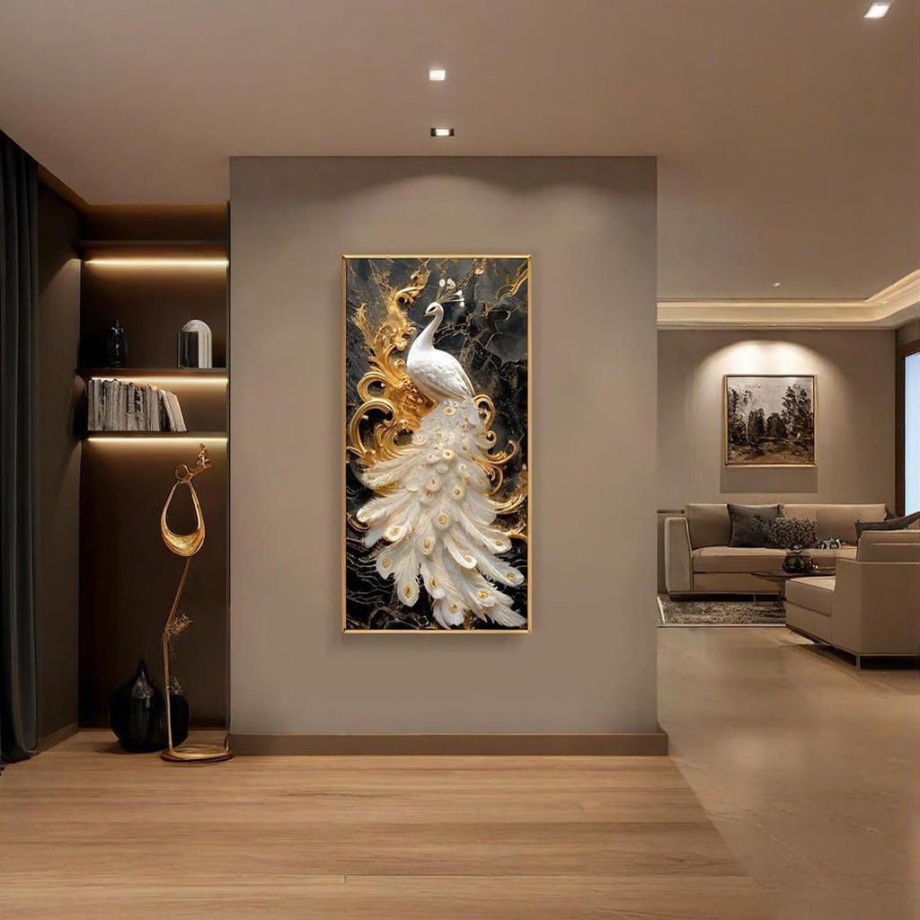 JHDXL Fuse Box Cover, Modern Meter Box Decorative Painting, Peacock Wall Fresco with Metal Picture Frame, for Living Room, Entrance Hall, Corridor(Gold1,50 * 70cm/19.7 * 27.6in)