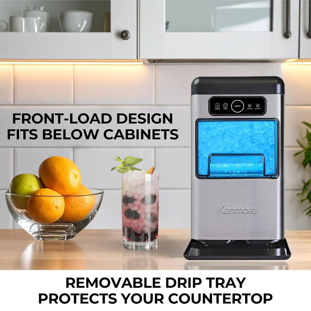 Kenmore Countertop Ice Maker Nugget Machine – Portable Self-Cleaning Máquina de Hacer Hielo para Casa, Crunchy Chewable Pebble Ice, 40lb/24hr Capacity, Stainless Steel