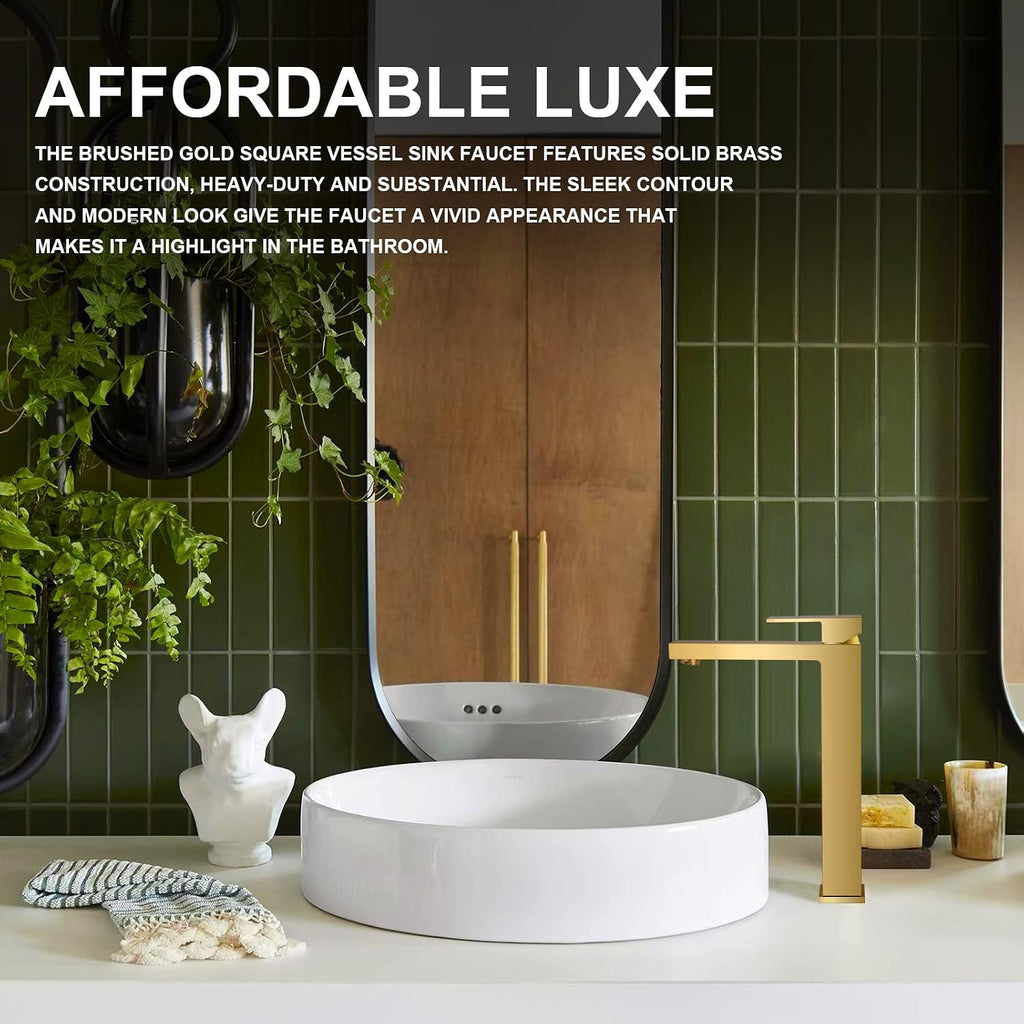 Lava Odoro Gold Vessel Sink Faucet, Brushed Gold Single Hole Bowl Sink Faucet Tall Bathroom Faucet Single Handle with Pop up Drain Assembly, BF307-T-SG