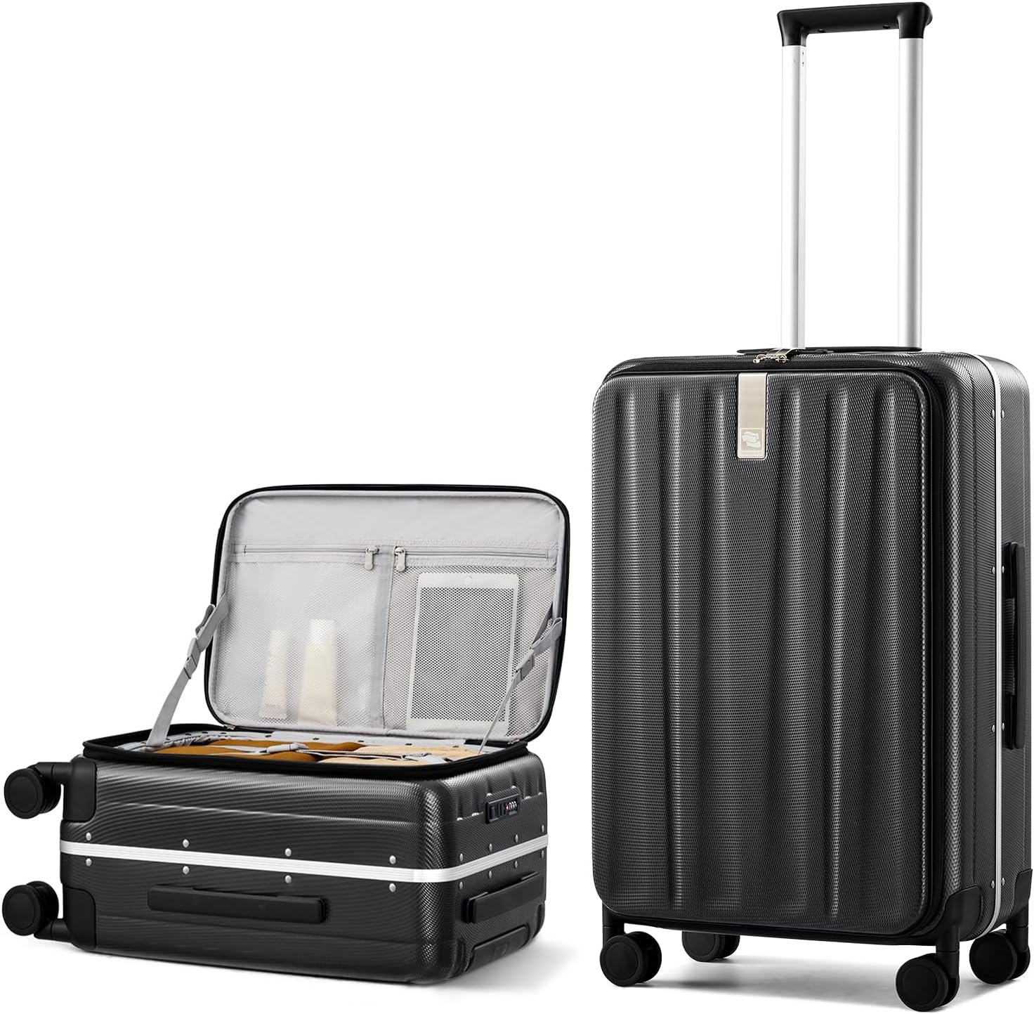 Hanke 24 Inch Checked Luggage PC Hard Shell Suitcases for Travel Front Opening Aluminum Frame Travel Luggage Rolling Suitcase with Wheels.(Jet Black)
