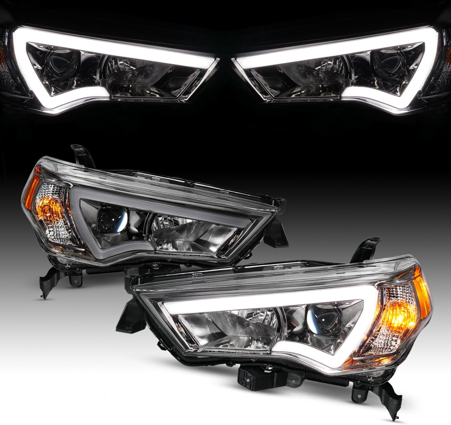 AmeriLite for 2014-2023 Toyota 4Runner LED Tube Square Projector Gun-Metal Headlights Assembly Set - Passenger and Driver Side