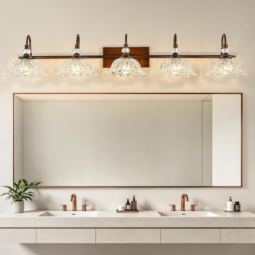 5-Light Antique Red Bronze Finish Bathroom Vanity Light, Vintage Vanity Light with Floral Clear Glass Shades, Retro Wall Mount Lighting for Bathroom, Dressing Table