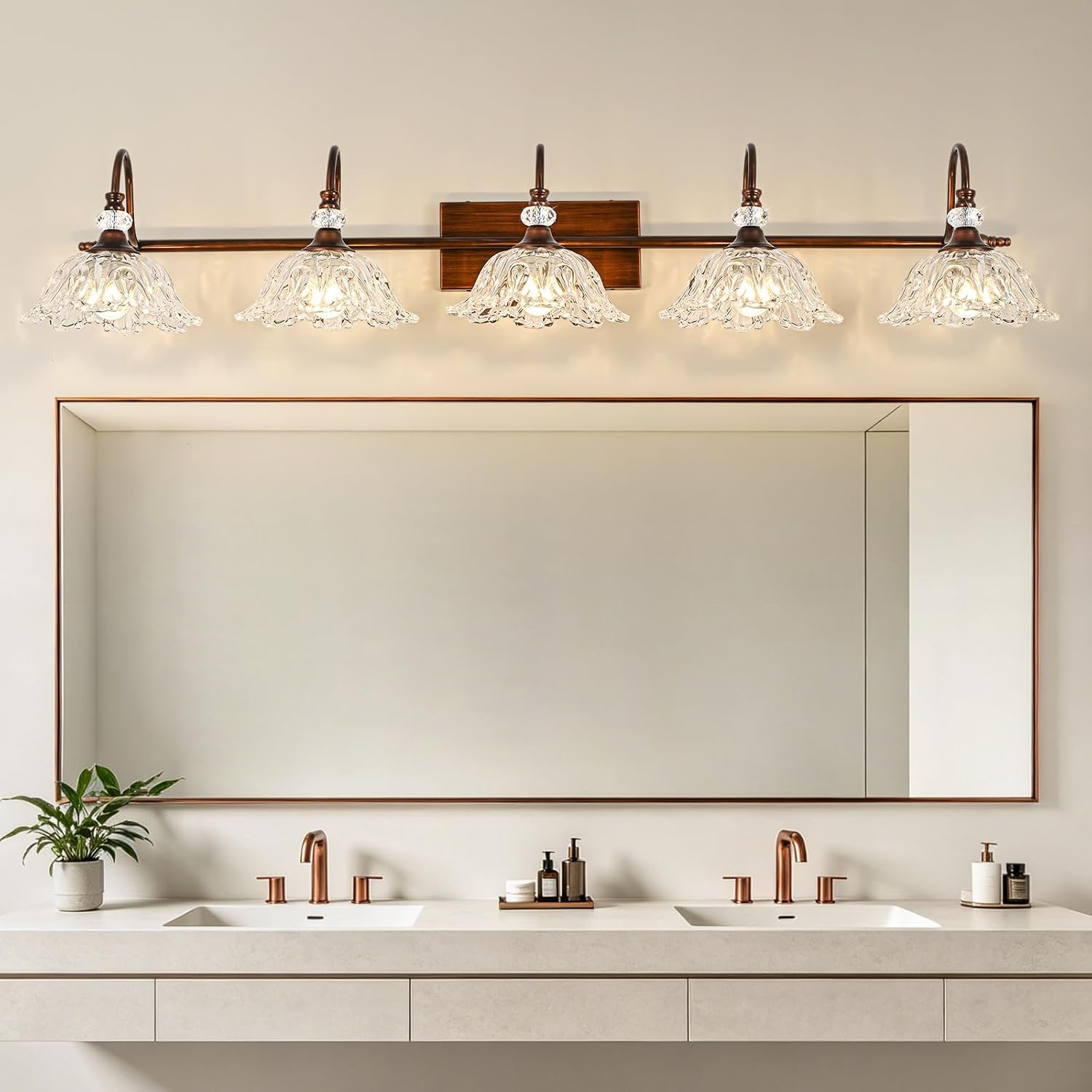 5-Light Antique Red Bronze Finish Bathroom Vanity Light, Vintage Vanity Light with Floral Clear Glass Shades, Retro Wall Mount Lighting for Bathroom, Dressing Table