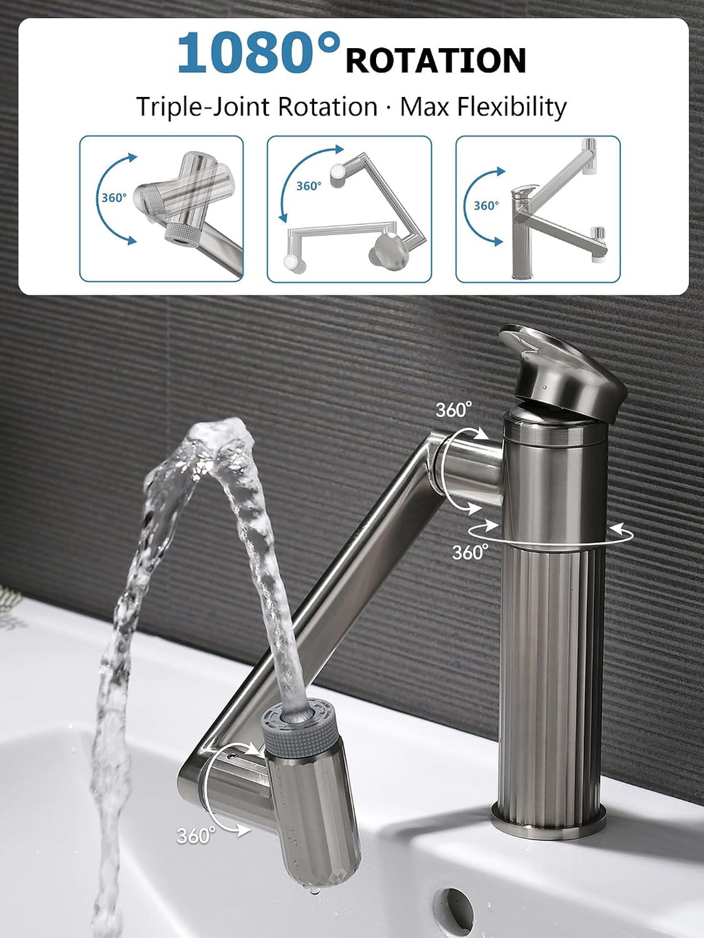 Lefton Rotatable Bathroom Faucet with 2 Water Modes, Single Hole Vanity Sink Faucet for Bathroom and Laundry Room, Brushed Nickel, BF2208-0