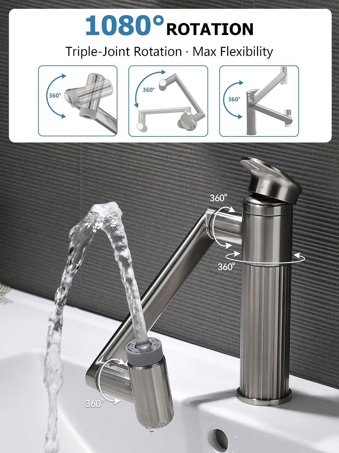 Lefton Rotatable Bathroom Faucet with 2 Water Modes, Single Hole Vanity Sink Faucet for Bathroom and Laundry Room, Brushed Nickel, BF2208-0