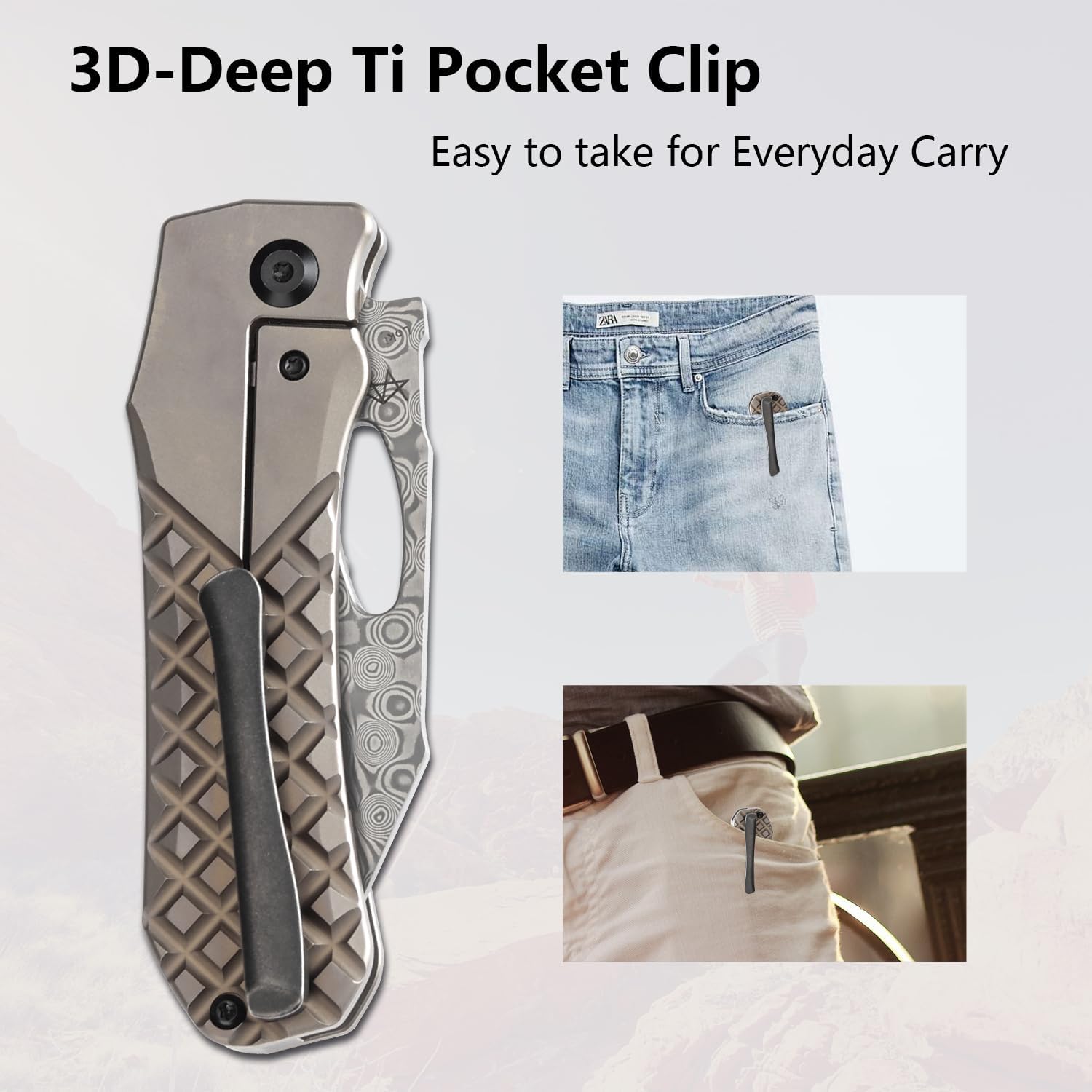 KANSEPT Loki Pocket Folding Knives for Men EDC Camping Folding Knife 2.99'' Damascus Blade Material Pocke Knife with Bronzed Anodized Titanium with Frag Pattern Handle Everyday Carry K1058B5