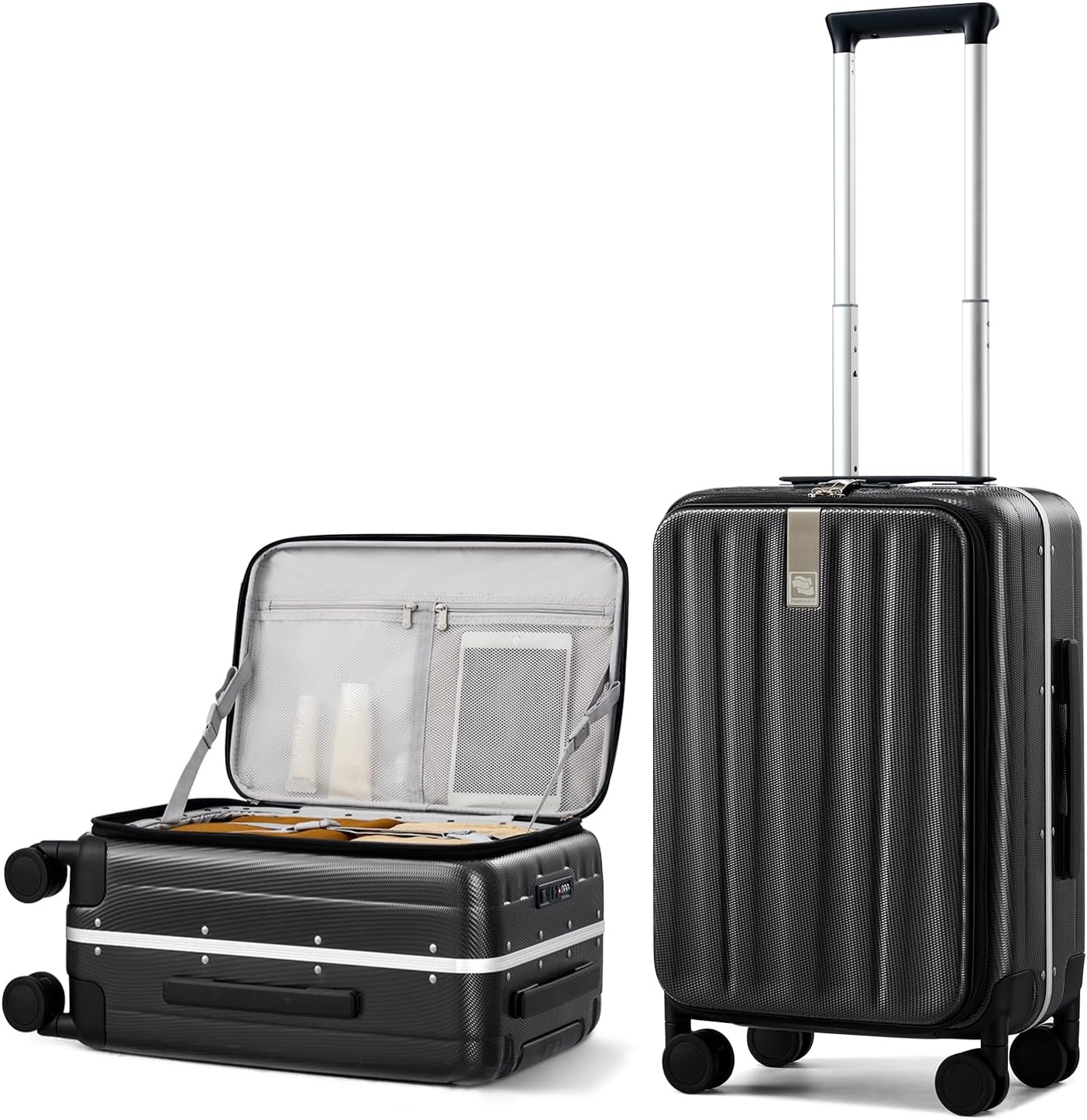 Hanke 20 Inch Carry-On Luggage PC Hard Shell Suitcases for Travel Front Opening Aluminum Frame Travel Luggage Rolling Suitcase with Wheels for Women Man Gifts.(Jet Black)