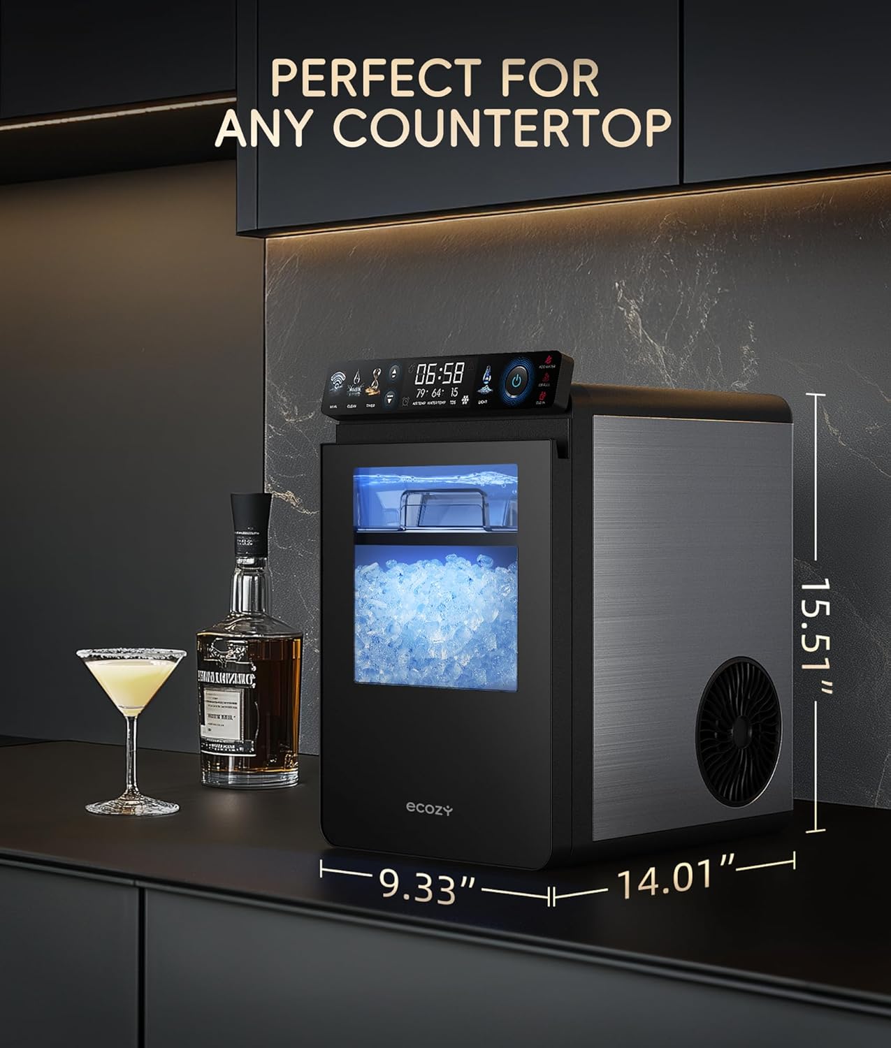 ecozy Nugget Ice Maker Countertop, First Full-Color Smart Panel 44 lbs/24H Ice Machine with APP & Voice Control, Double-Layer Insulation, Pull-Out Water Tank, Soft Pebble Chewable Ice, Self-Cleaning