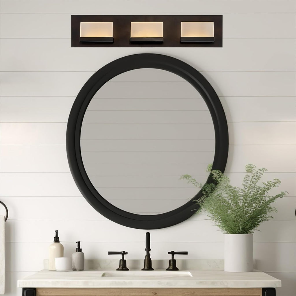 Kira Home Everett 24' Modern 3-Light Integrated LED Vanity Light, 30W 3000K Warm White Light, Minimalist Bathroom Wall Sconce with Frosted Acrylic Blocks, Oil Rubbed Bronze Finish