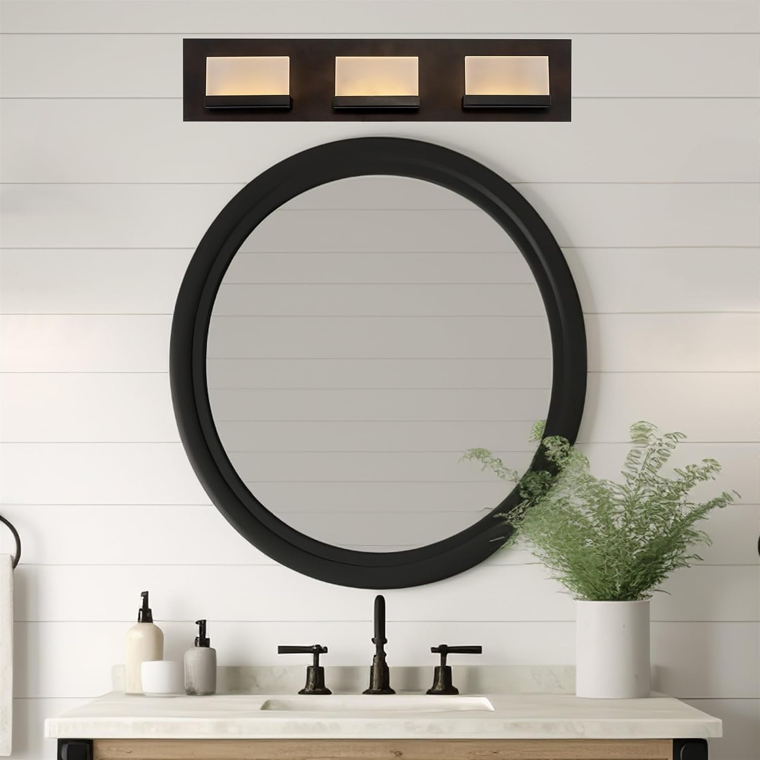 Kira Home Everett 24' Modern 3-Light Integrated LED Vanity Light, 30W 3000K Warm White Light, Minimalist Bathroom Wall Sconce with Frosted Acrylic Blocks, Oil Rubbed Bronze Finish