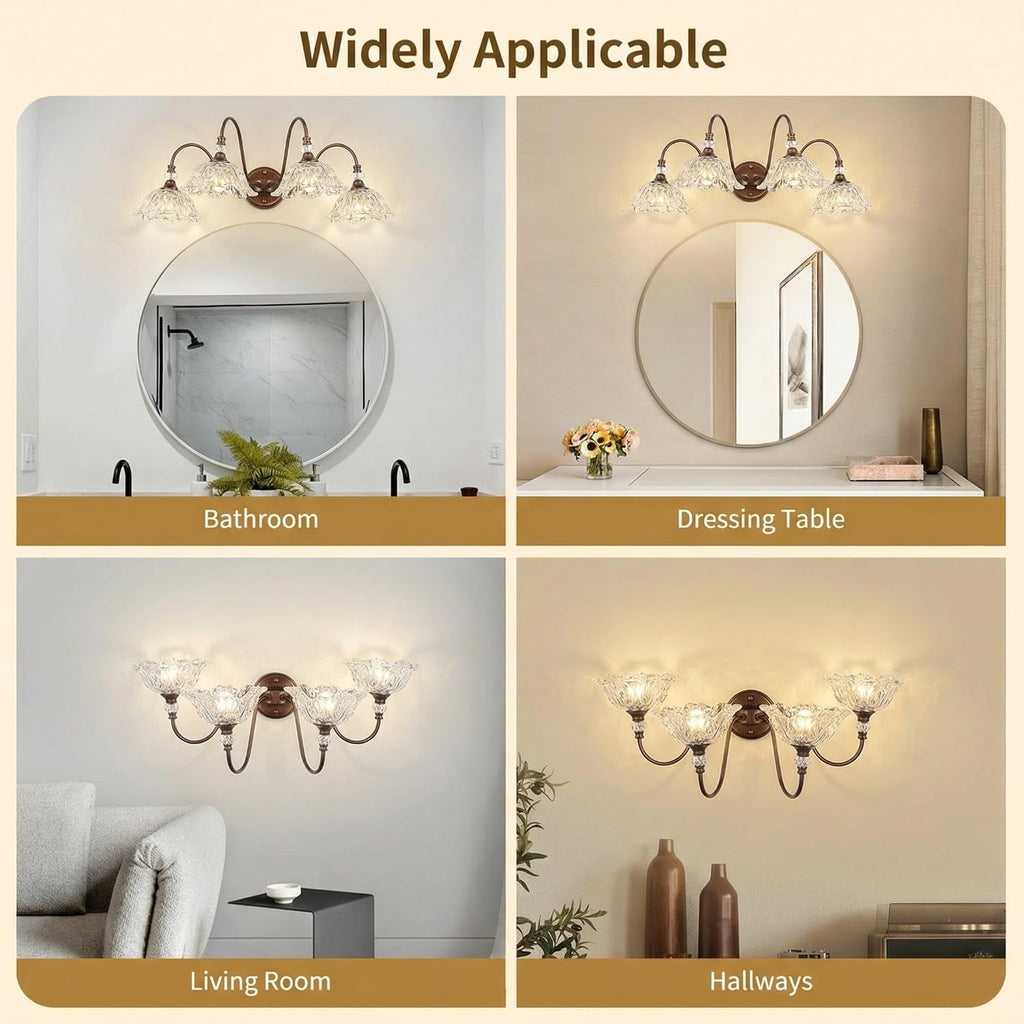 Antique Red Bronze Finish Bathroom Vanity Light, 4-Light Vintage Vanity Light with Floral Clear Glass Shades, Retro Wall Mount Lighting for Bathroom, Dressing Table
