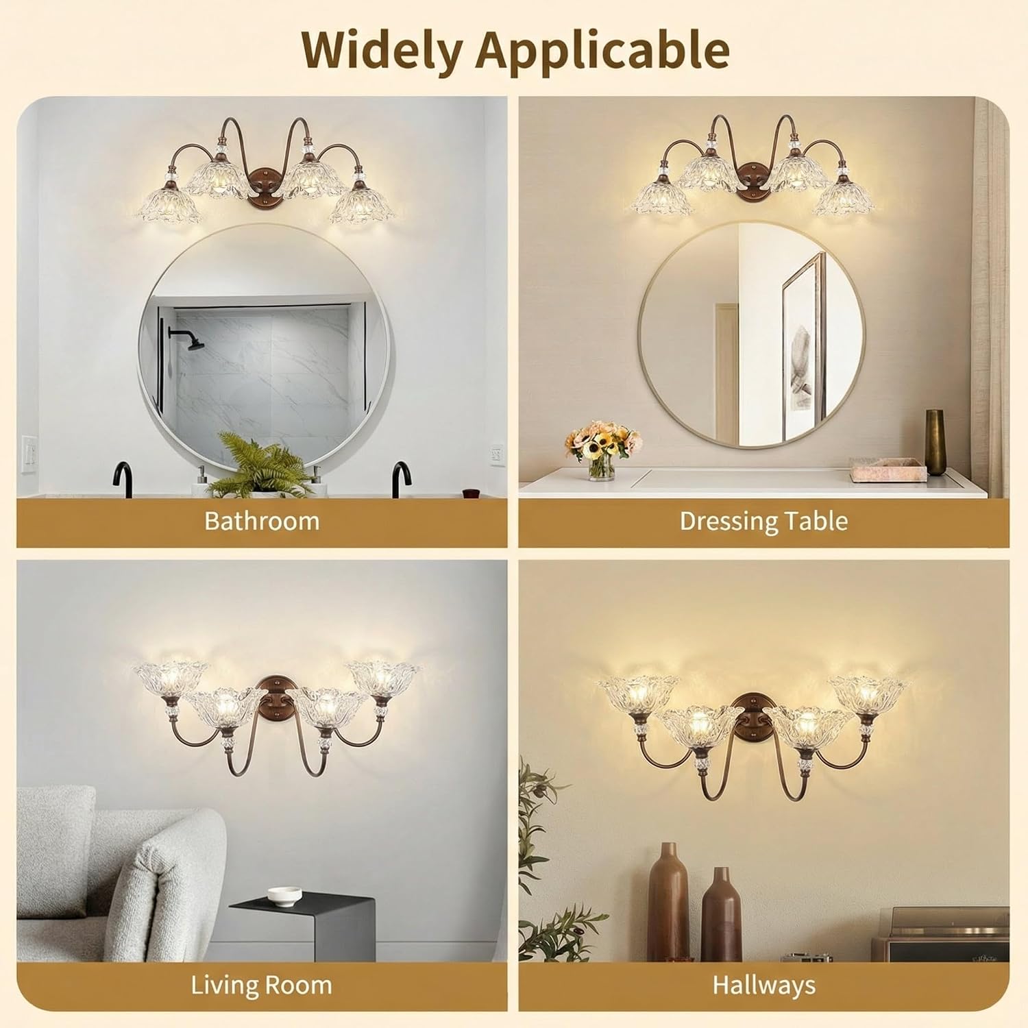 Antique Red Bronze Finish Bathroom Vanity Light, 4-Light Vintage Vanity Light with Floral Clear Glass Shades, Retro Wall Mount Lighting for Bathroom, Dressing Table