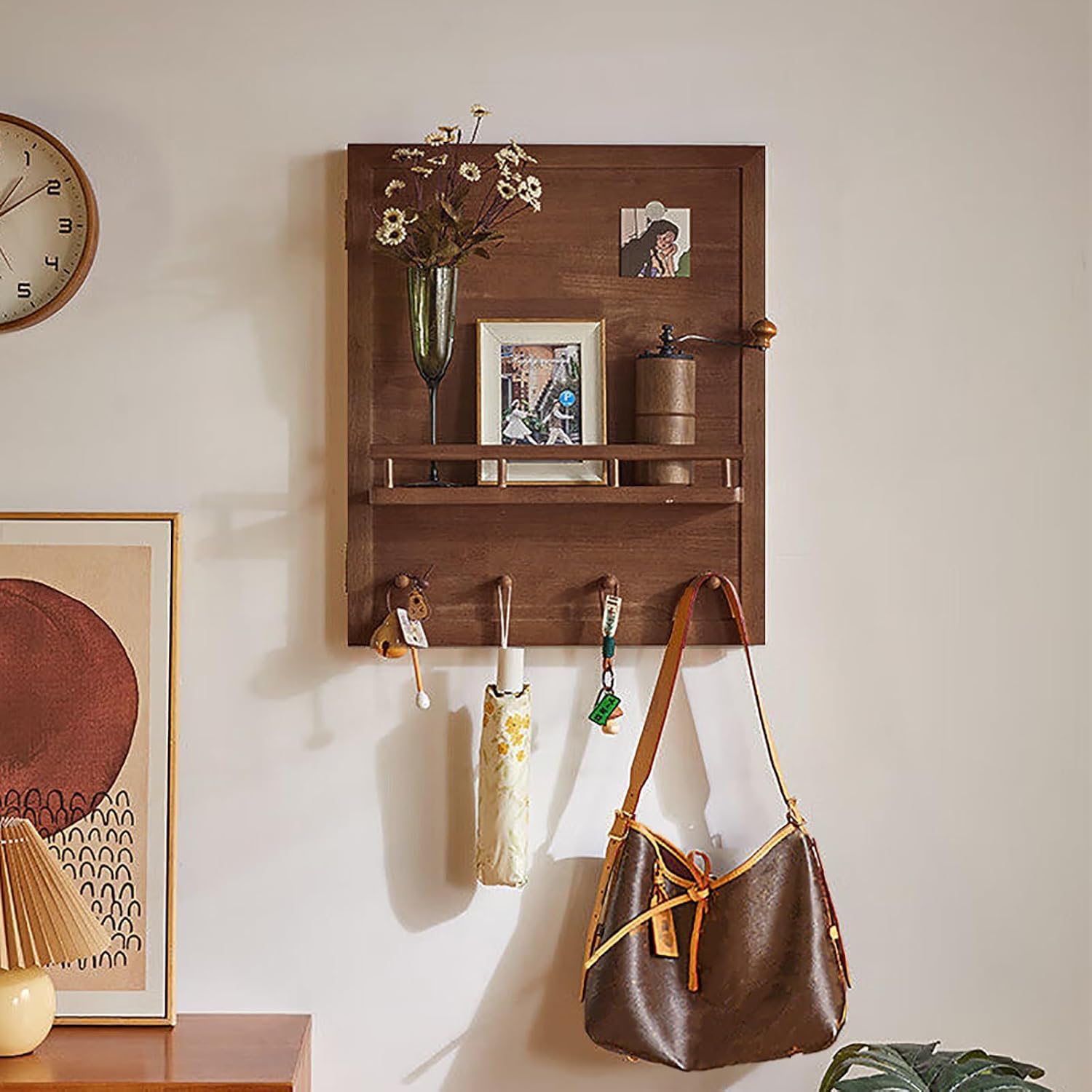 Wooden Breaker Box Cover Decorative with Hook, Circuit Electrical Panel Protective Lid, Hide Electric Meter Box Cover for Office Kitchens Cafes(Brown,49 * 59cm/19.3 * 23.2in)