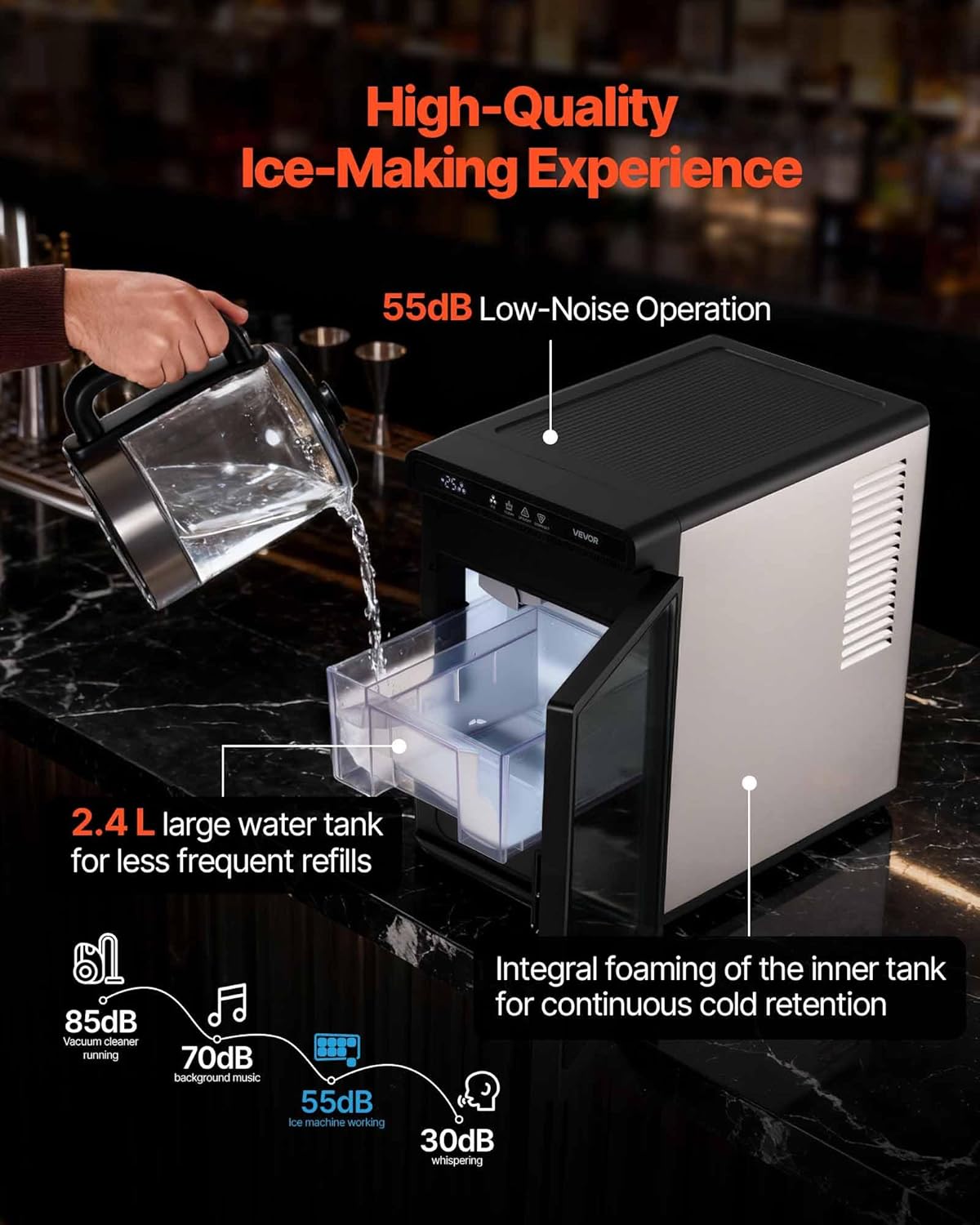 VEVOR 1.6' Clear Ice Cube Maker, 3 Square Ice Ready in 25–35 Mins, 108 Pcs/Day, 24H Timer Ice Maker Countertop for Cocktails, Whiskey & Bourbon