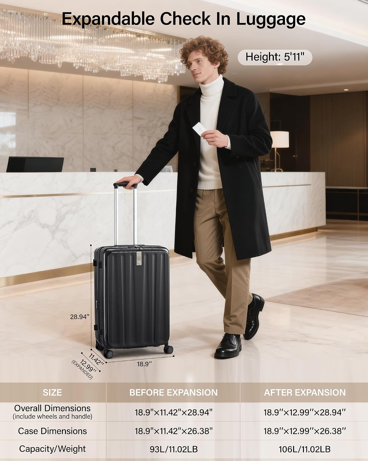 Hanke 26 Inch Expandable Luggage Top Opening Checked Bag Luggage Hard Shell Suitcases with Wheels Lightweight Travel Luggage Heavy Duty Luggage Suitcase with Lock for Woman Men-Jet Black