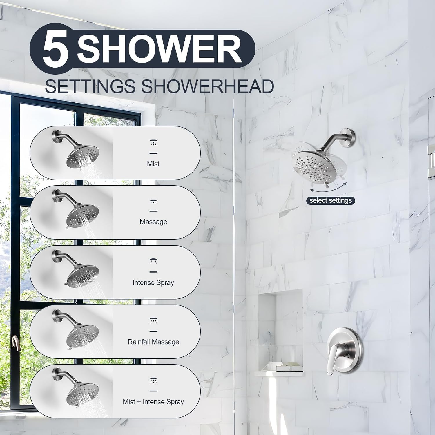 Shower Faucet with Valve, Brushed Nickel Bathroom Tub Shower Faucet Kit, Single Handle Rain Shower Head with Tub Spout, Solid Brass Shower Tub Faucet Set Complete, Bathtub Faucet with Shower