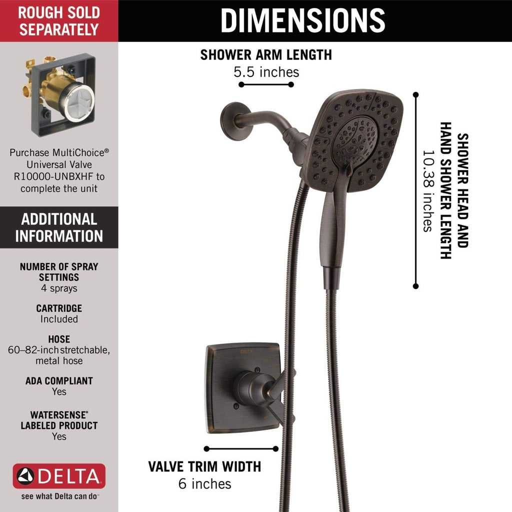Delta Faucet Ashlyn 17 Series Dual-Function Shower Trim Kit with 2-Spray Touch-Clean In2ition 2-in-1 Hand Held Shower Head with Hose, Venetian Bronze T17264-RB-I (Valve Not Included)