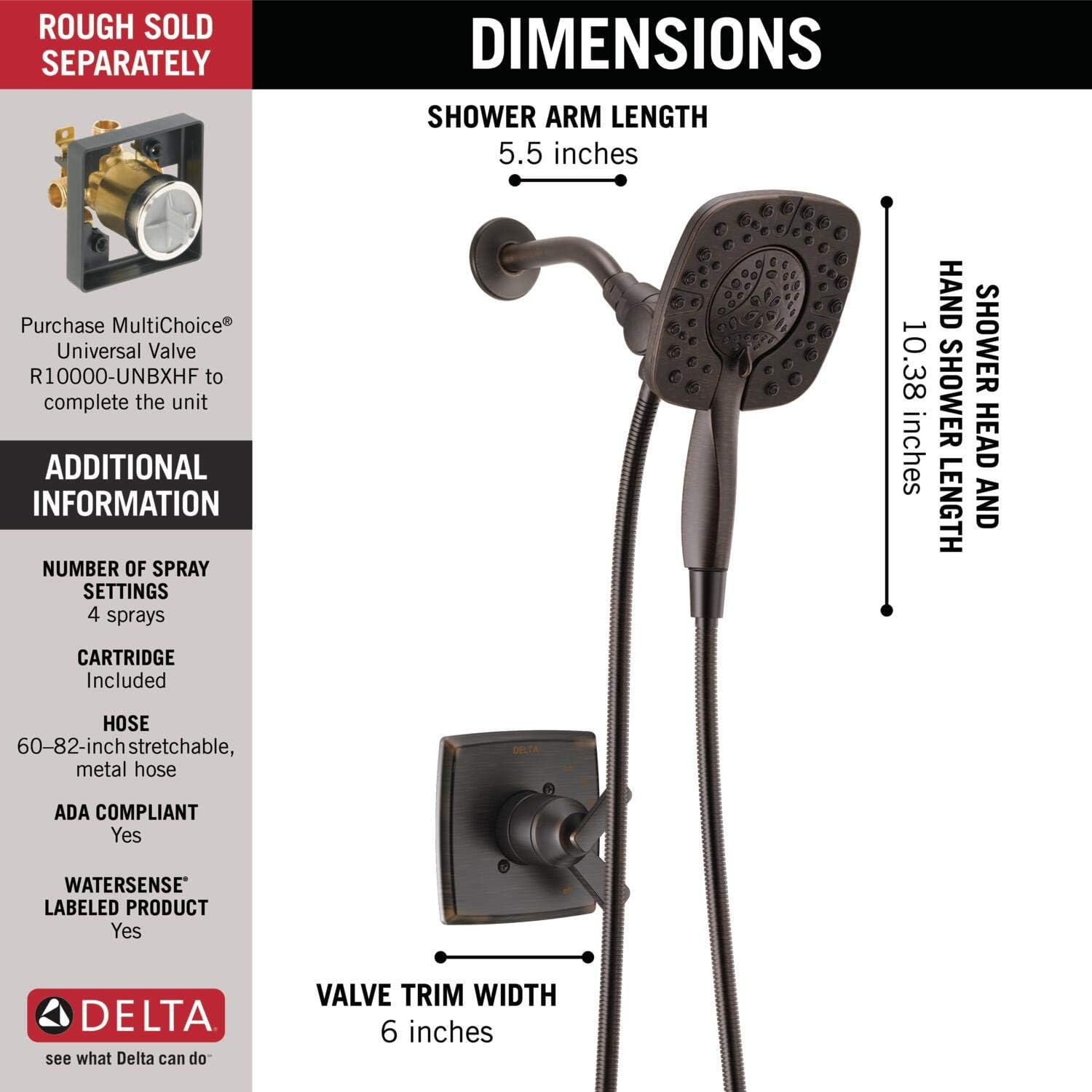 Delta Faucet Ashlyn 17 Series Dual-Function Shower Trim Kit with 2-Spray Touch-Clean In2ition 2-in-1 Hand Held Shower Head with Hose, Venetian Bronze T17264-RB-I (Valve Not Included)
