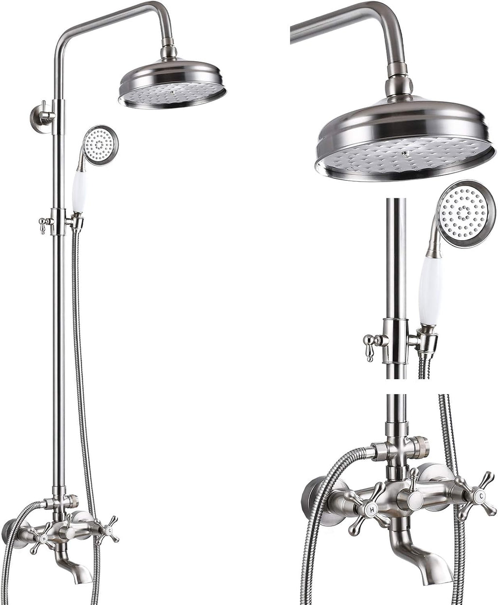 gotonovo Bathroom Shower Faucet Rain Mixer 8 Inch Round Shower Head Double Cross Handle with Tub Spout Wall Mount Bathroom Shower Fixtures 3 Function Metal Handheld Sprayer Brushed Nickel