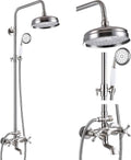 gotonovo Bathroom Shower Faucet Rain Mixer 8 Inch Round Shower Head Double Cross Handle with Tub Spout Wall Mount Bathroom Shower Fixtures 3 Function Metal Handheld Sprayer Brushed Nickel