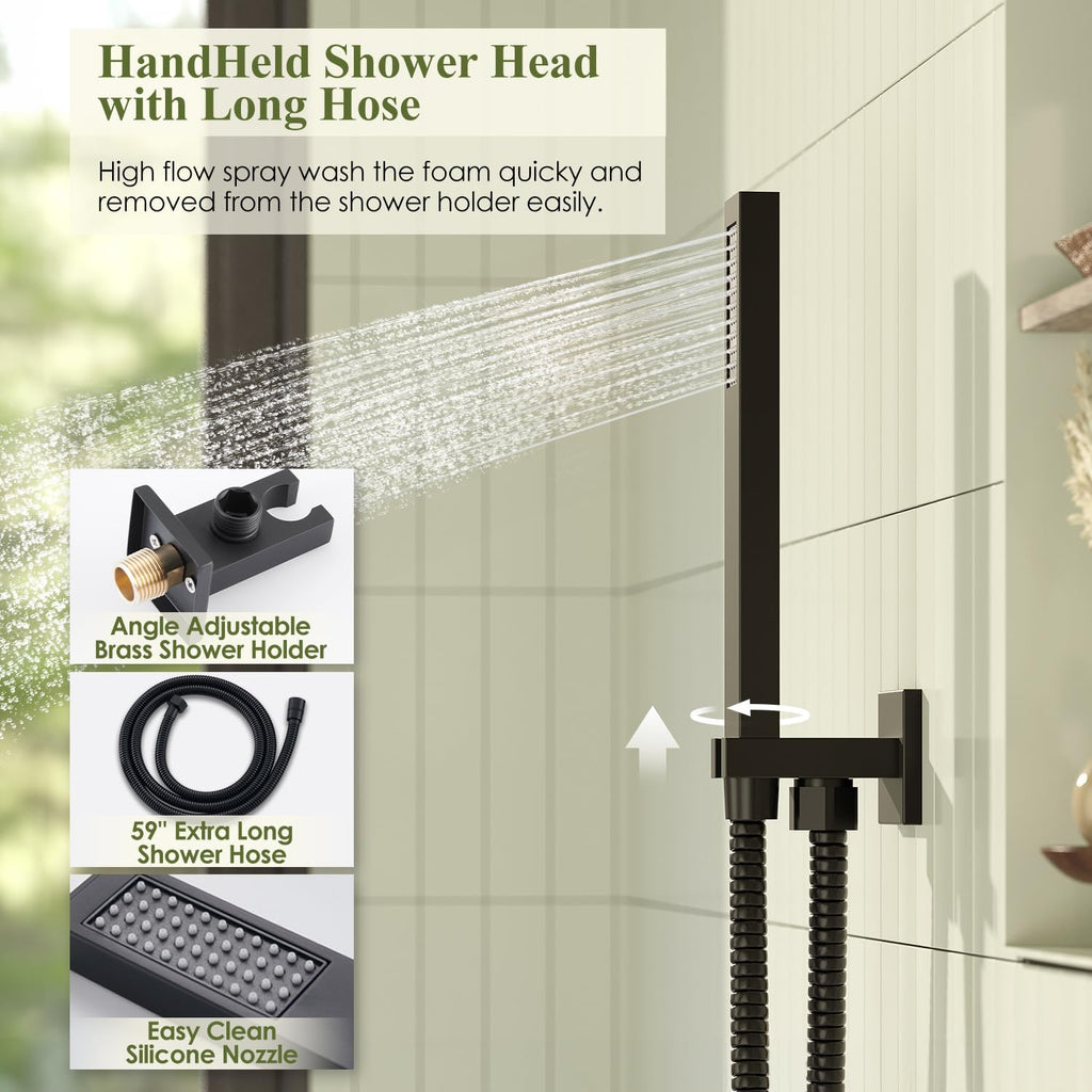 Kurpot Shower System, Matte Black Shower Faucet Set, 12 Inch Rain Shower Head with Handheld Spray, High Pressure Shower Head System with Shower Valve and Trim Kit, Wall Mounted Shower Head Set
