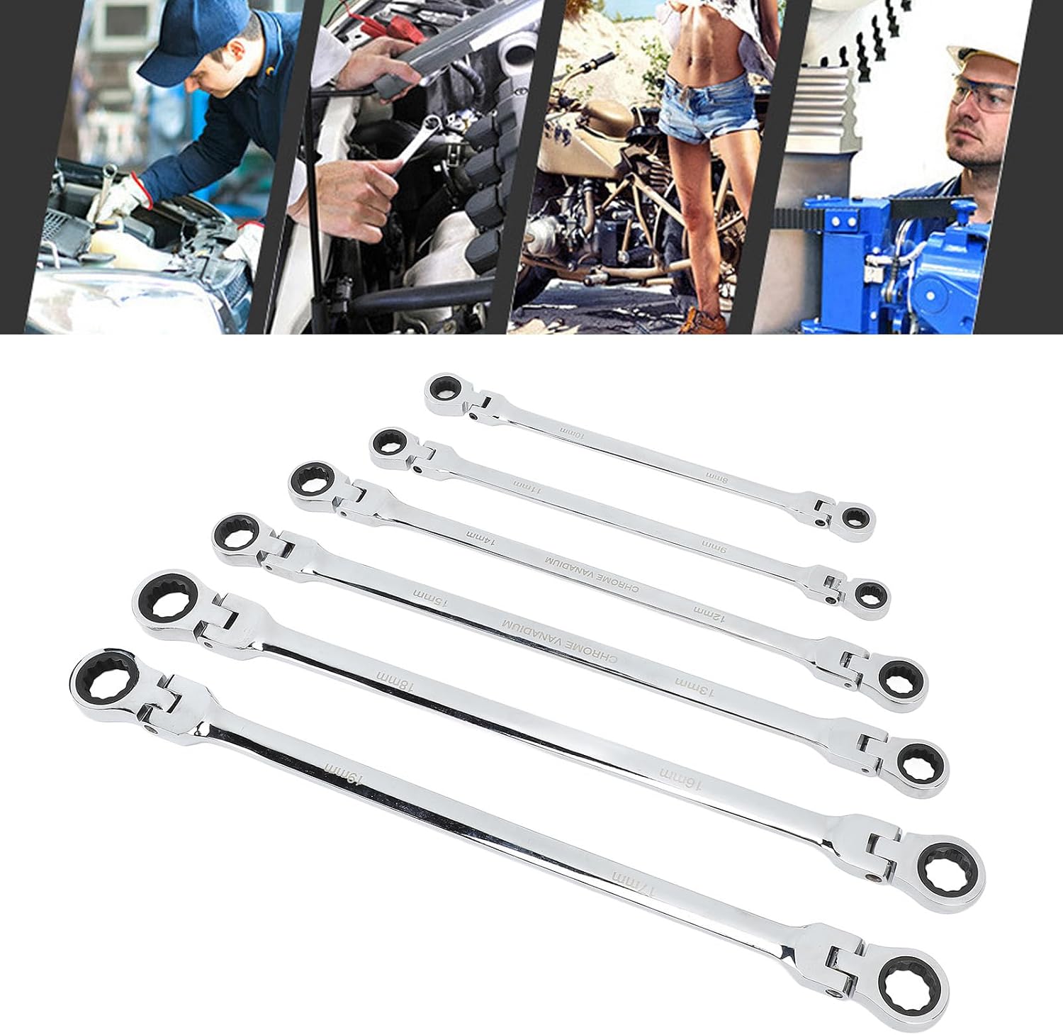 Zyyini 6pcs Flex Head Ratcheting Wrench Set, Steel Extra Long Double Box End Ratchet Wrench, Metric 8-19mm, for Mechanical, Automotive, Appliance Repair