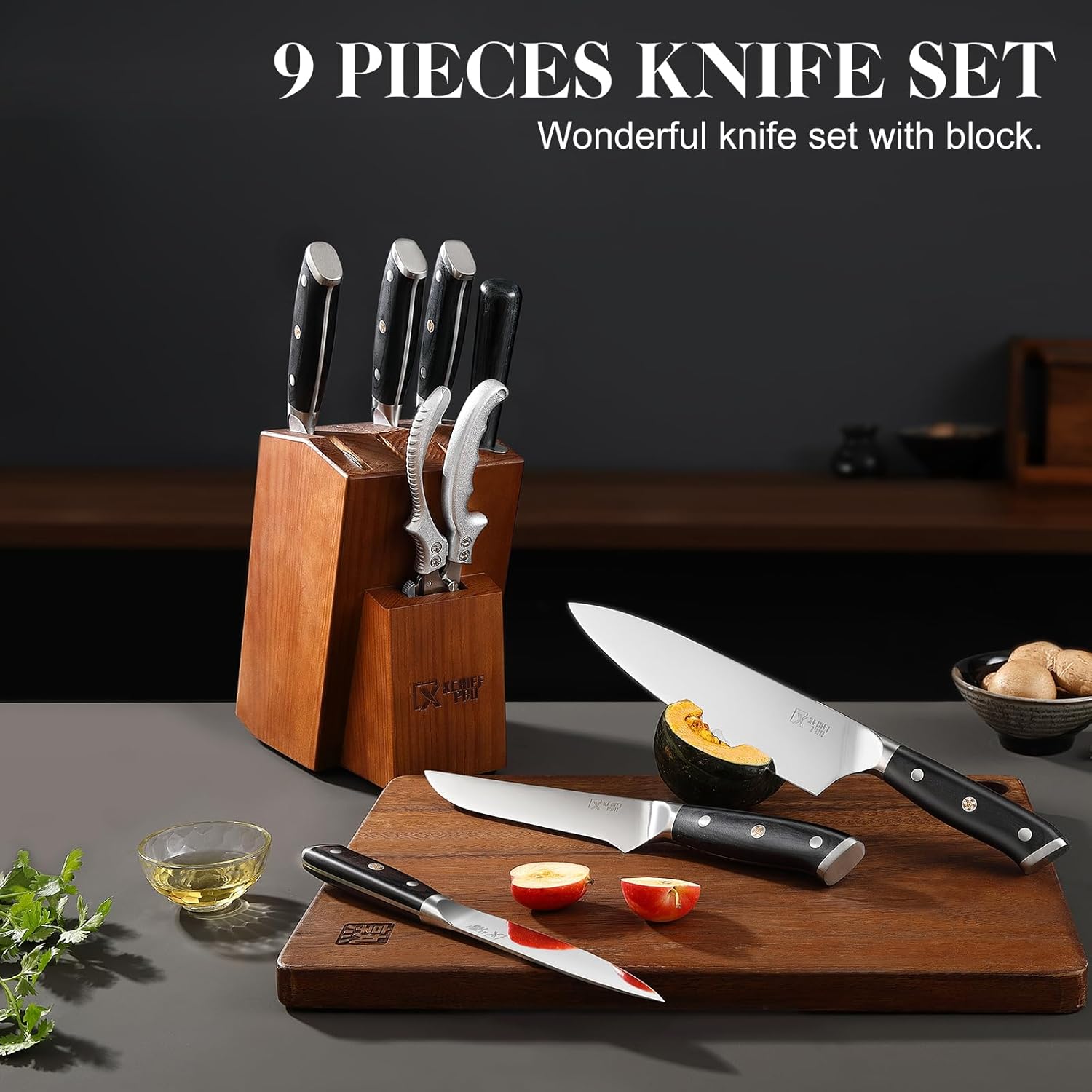 9 Pieces Knife Set with Block, Hand Forged High Carbon Steel Sharp Blade Cooking Knives Set with Holder for Kitchen, Block Chef Knife Set Professional, Best Gifts for Men Women