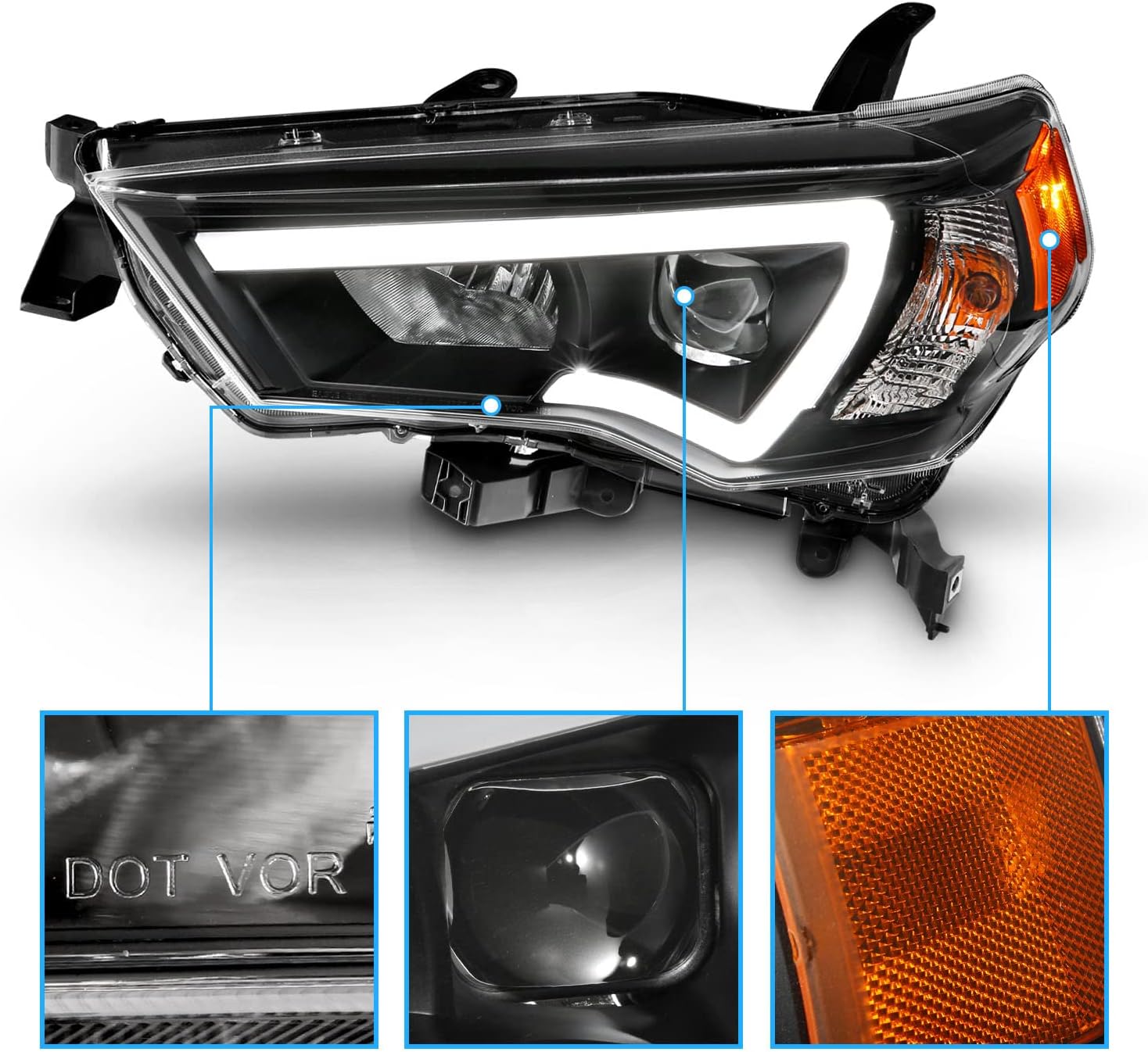 AmeriLite for 2014-2023 Toyota 4-Runner LED Tube Square Projector Black Replacement Headlights Set - Passenger and Driver Side