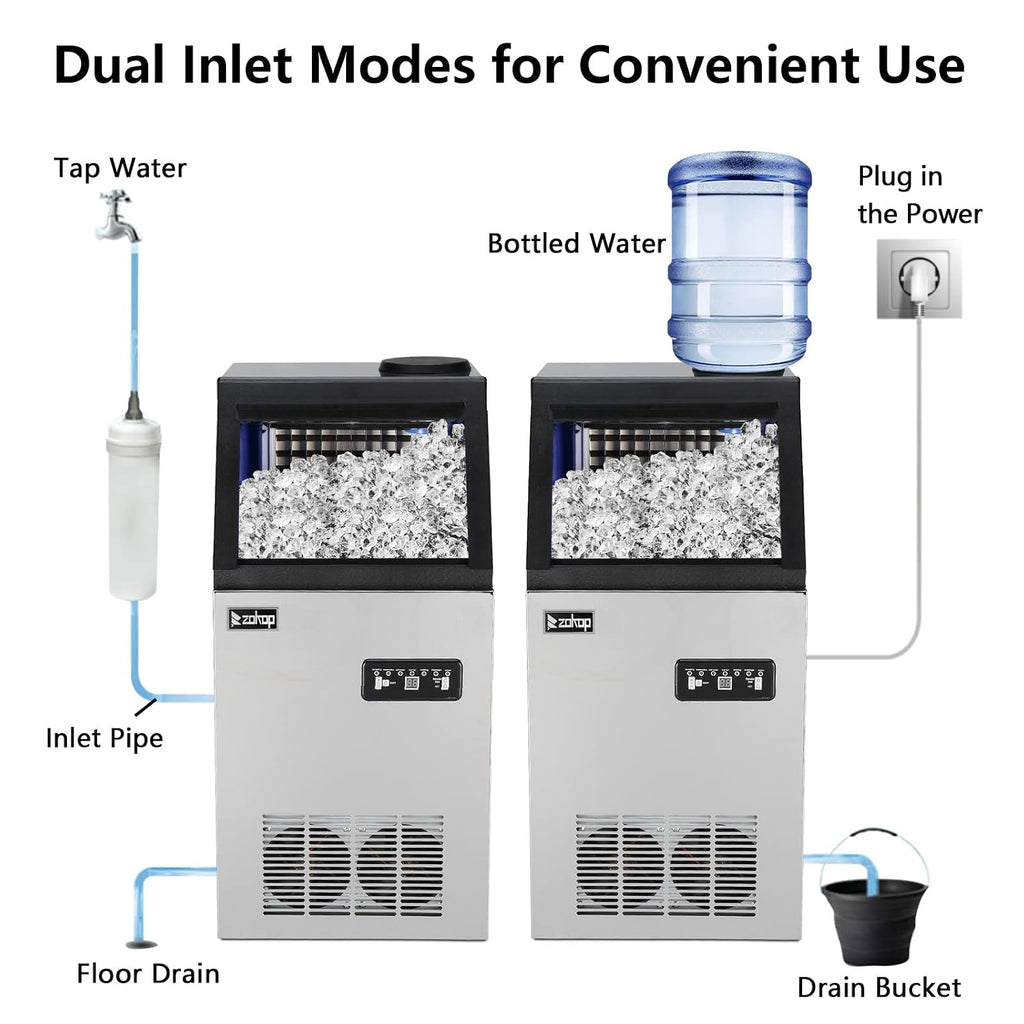 Bonnlo 110LBS/24H Freestanding Commercial Ice Maker Machine, 24lbs Storage Bin, Ice Machine for Restaurant Bar Cafe Home Office, Includes Scoop & Connection Hose