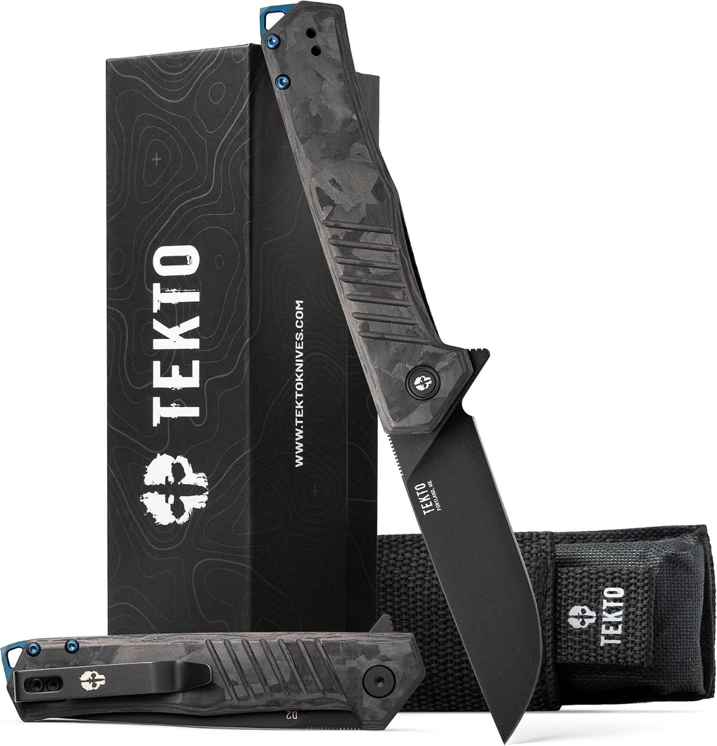 TEKTO F1 Alpha Folding Pocket Knife - Modified Straight Back Blade, Titanium Coated D2 Steel, Tactical Knife, EDC Folding Pocket Knives for Camping, Hunting & Backpacking - Forged Carbon, Blue Accents