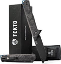 TEKTO F1 Alpha Folding Pocket Knife - Modified Straight Back Blade, Titanium Coated D2 Steel, Tactical Knife, EDC Folding Pocket Knives for Camping, Hunting & Backpacking - Forged Carbon, Blue Accents