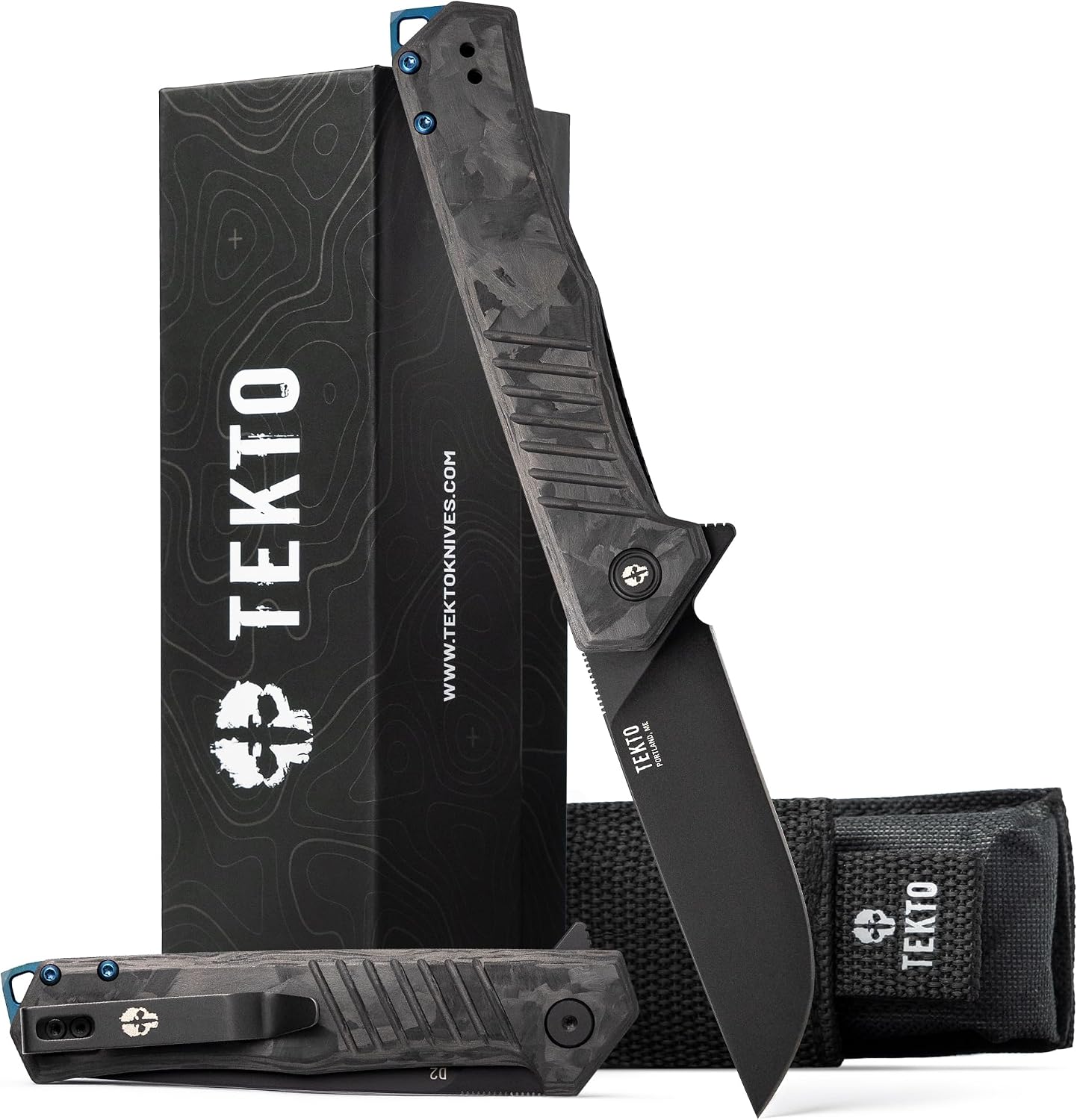 TEKTO F1 Alpha Folding Pocket Knife - Modified Straight Back Blade, Titanium Coated D2 Steel, Tactical Knife, EDC Folding Pocket Knives for Camping, Hunting & Backpacking - Forged Carbon, Blue Accents