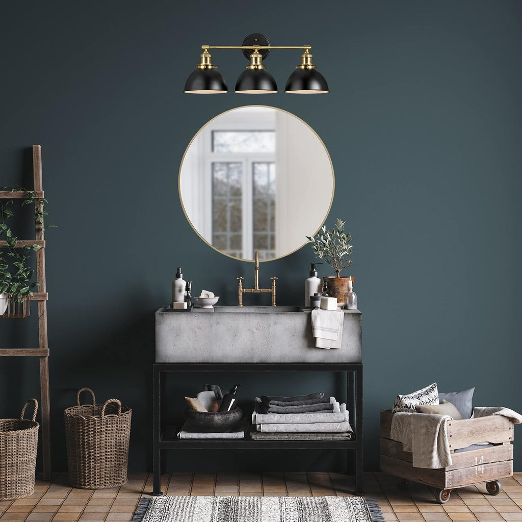 Design House Savannah Rustic Farmhouse 3-Light Bathroom Vanity Light, Dimmable, Satin Gold, Matte Black Metal Shade, 26 in x 9 in x 10.88 in, 588301-BGD